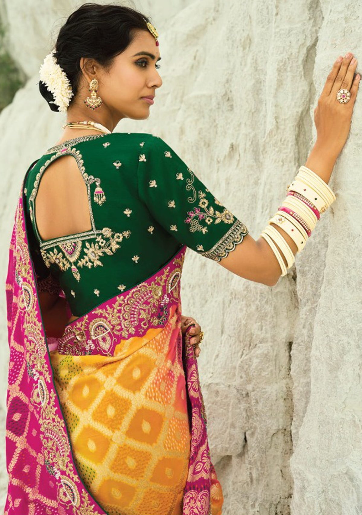Rani, Yellow & Pink Bandhej Saree with Heavy Hand Work Border With Embroidery Blouse