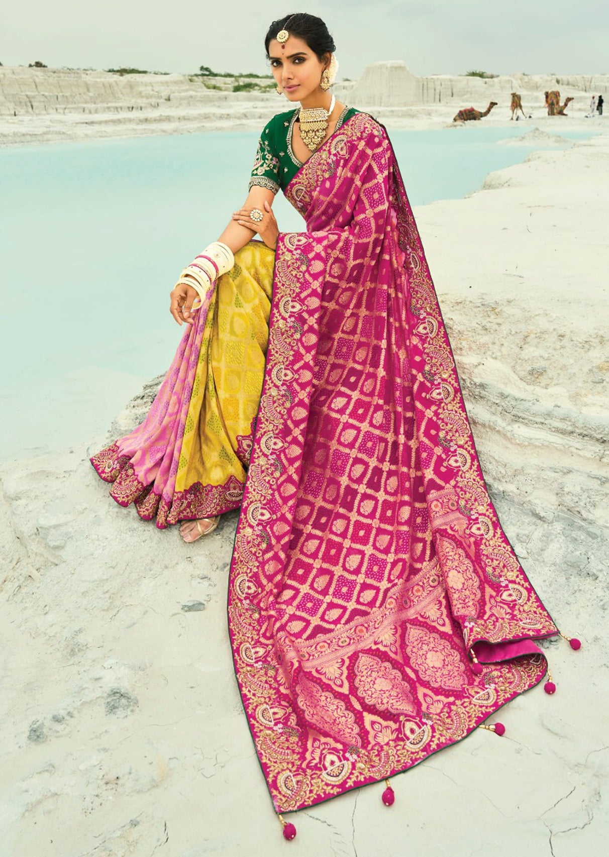 Rani, Yellow & Pink Bandhej Saree with Heavy Hand Work Border With Embroidery Blouse