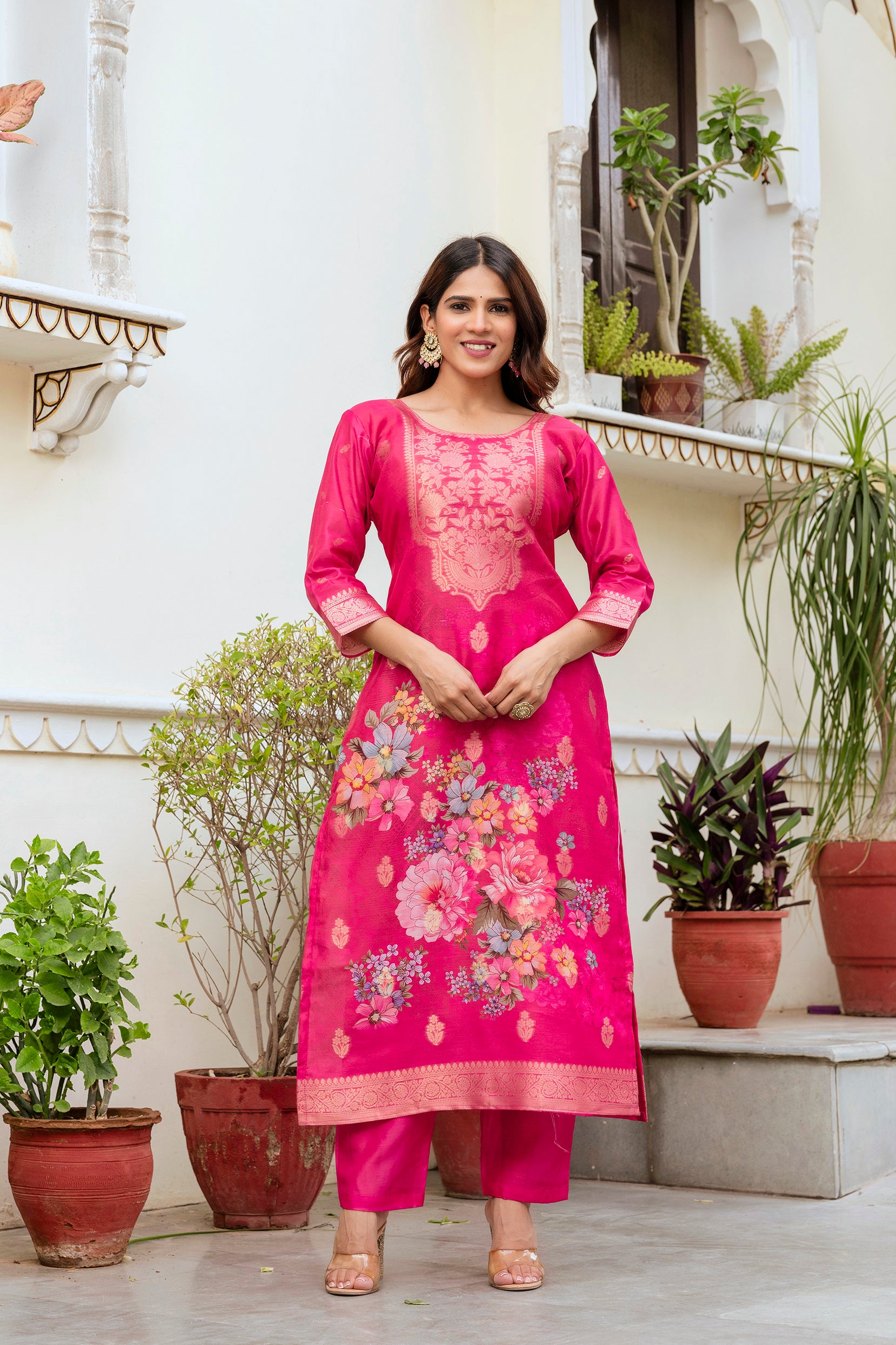 Ranipink Chanderi Cotton Kurta Pant Set With Jacquard Woven With Digital Print