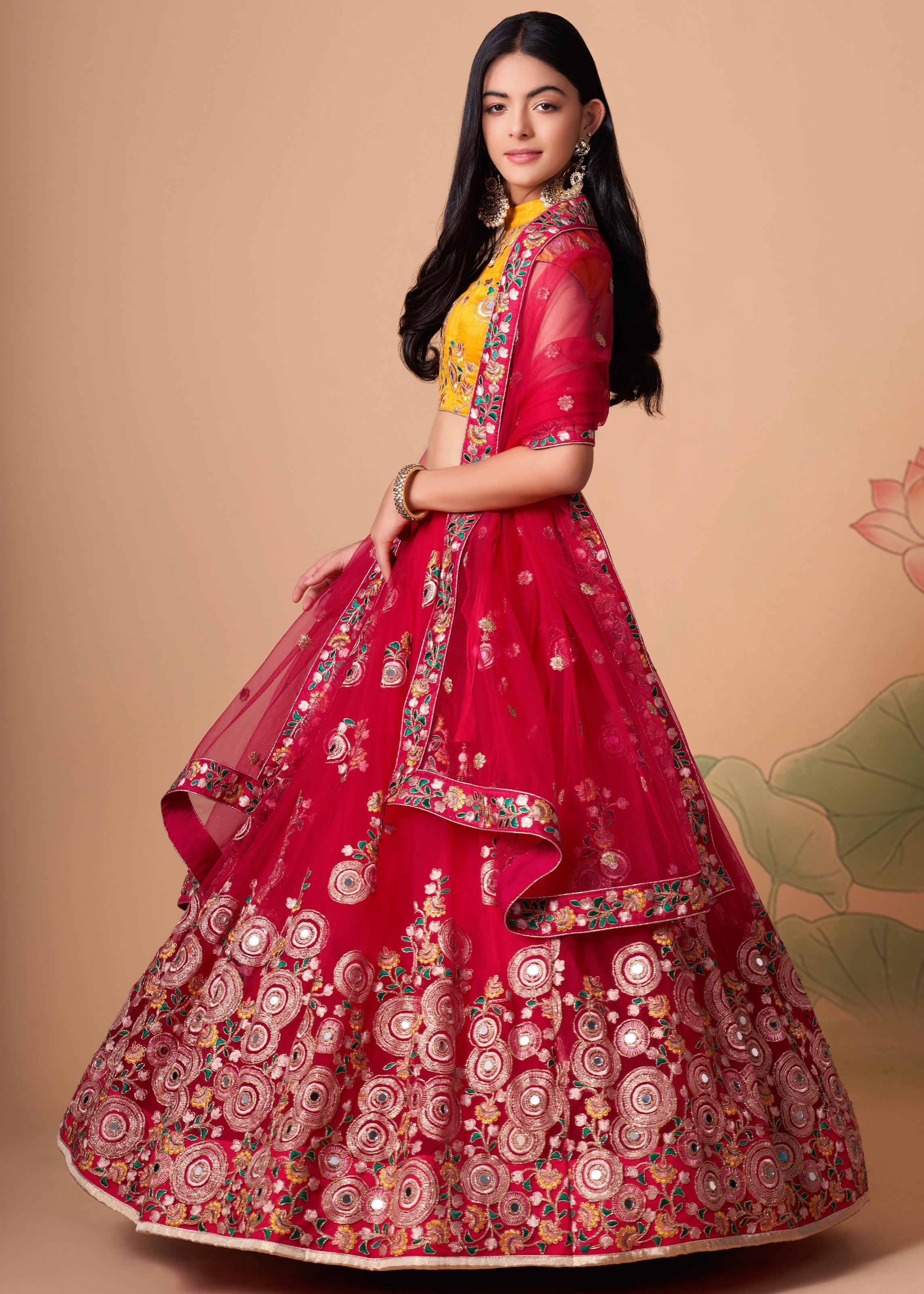 Rani pink Lehenga Choli With Thread, Zari, Dori And Sequins Embroidery With Mirror Work