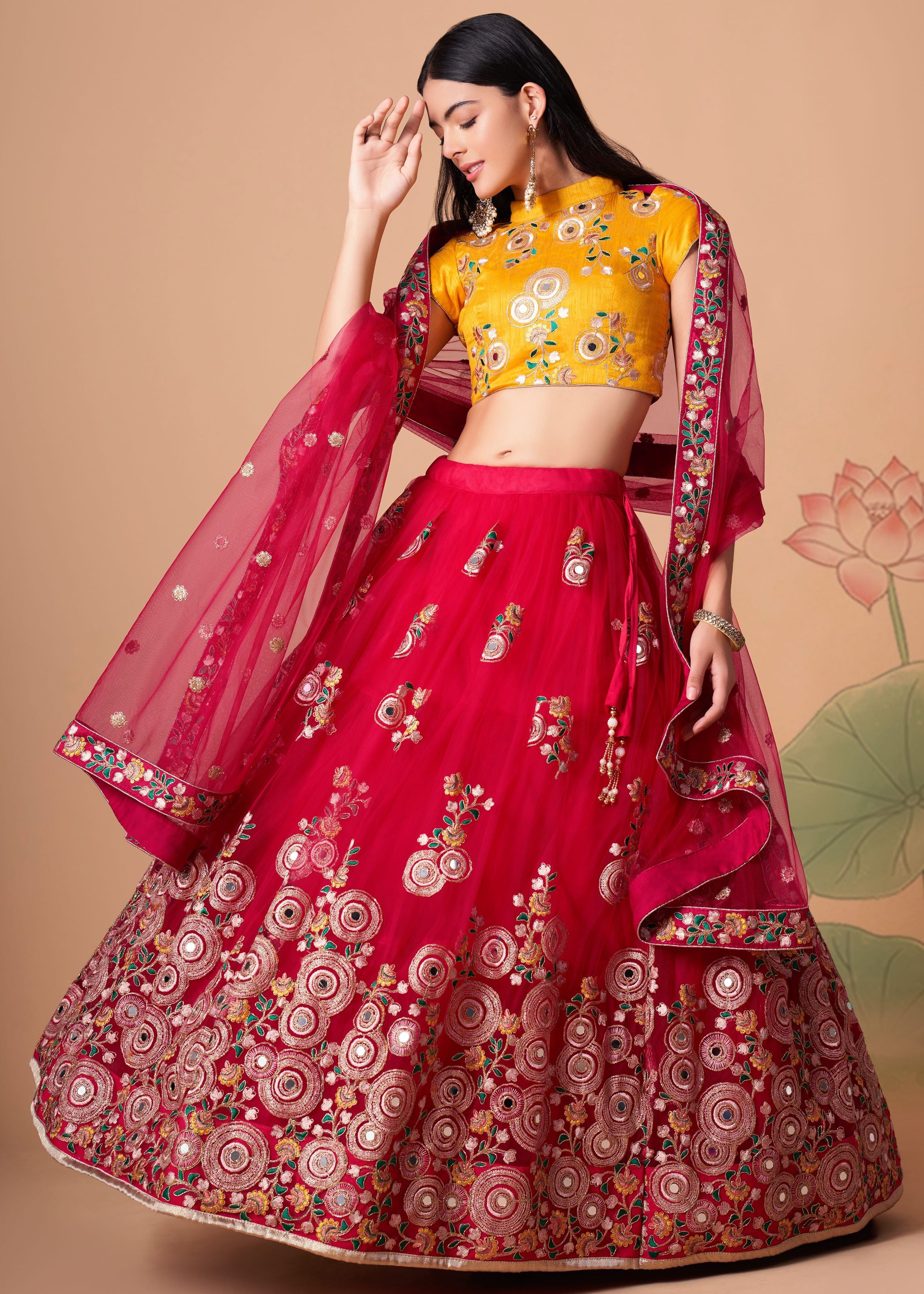 Rani pink Lehenga Choli With Thread, Zari, Dori And Sequins Embroidery With Mirror Work