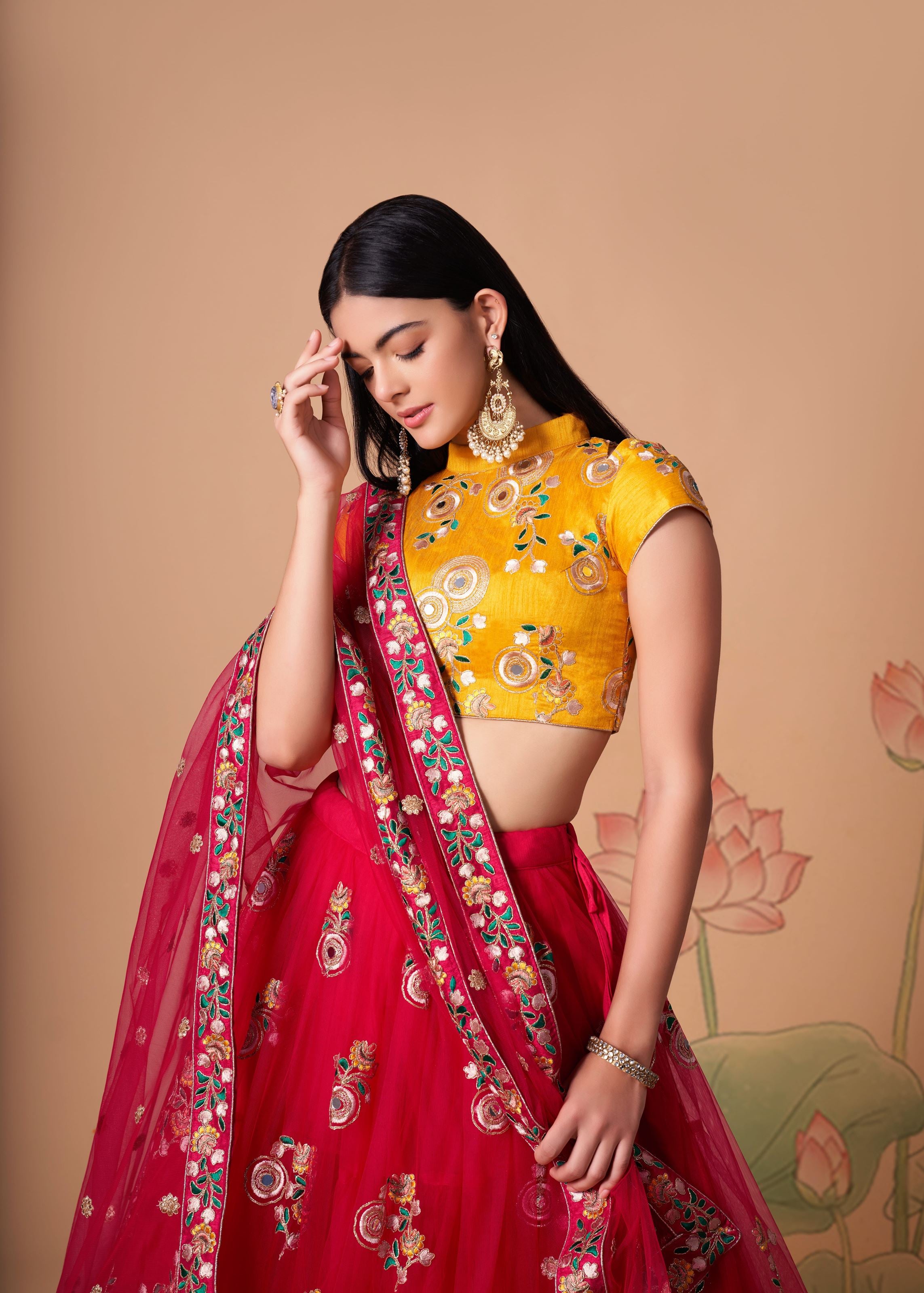 Rani pink Lehenga Choli With Thread, Zari, Dori And Sequins Embroidery With Mirror Work
