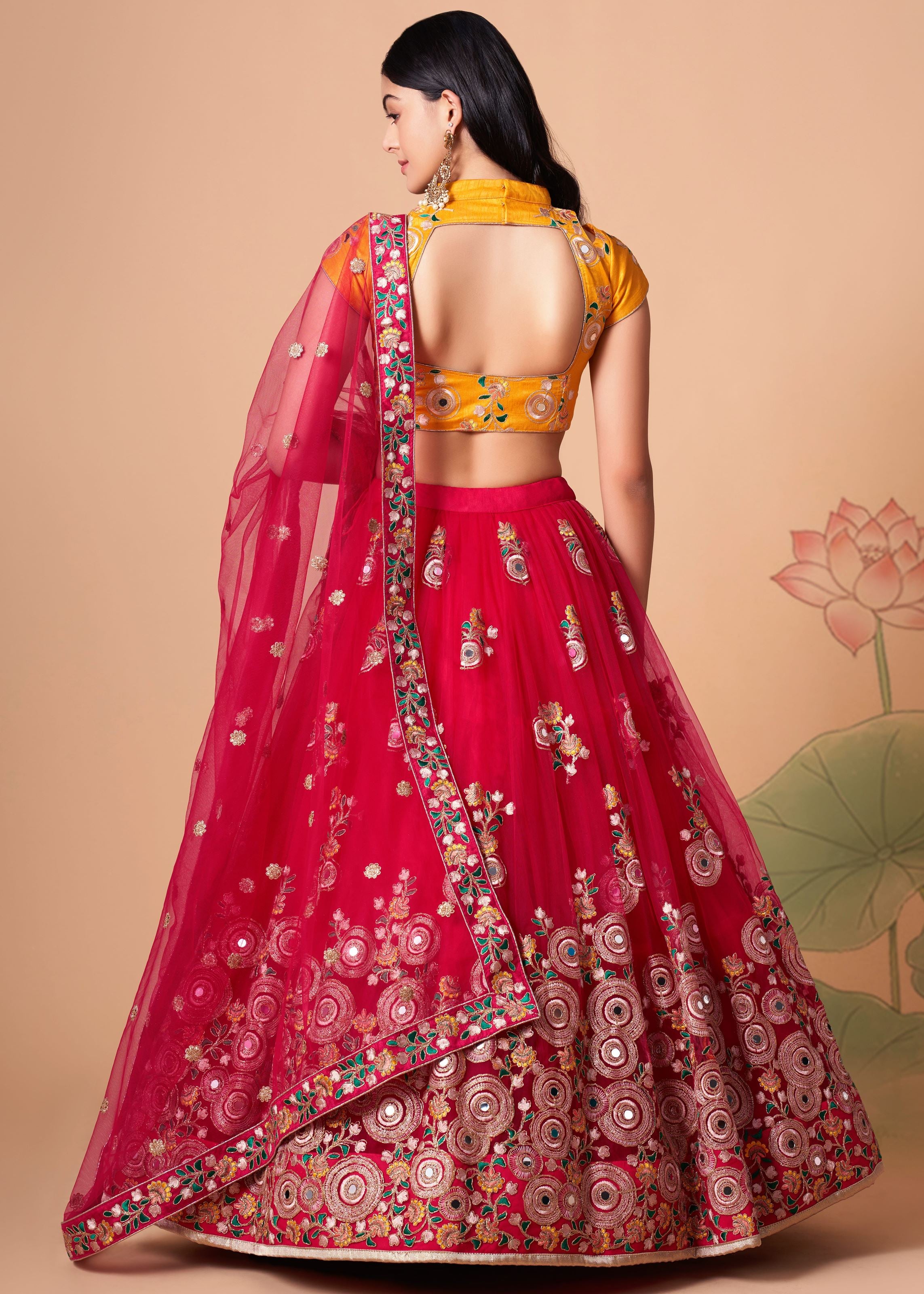 Rani pink Lehenga Choli With Thread, Zari, Dori And Sequins Embroidery With Mirror Work