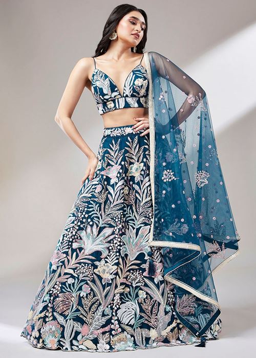 Ravishing Teal Blue Color Sequins Soft Net Party Wear Lehenga Choli