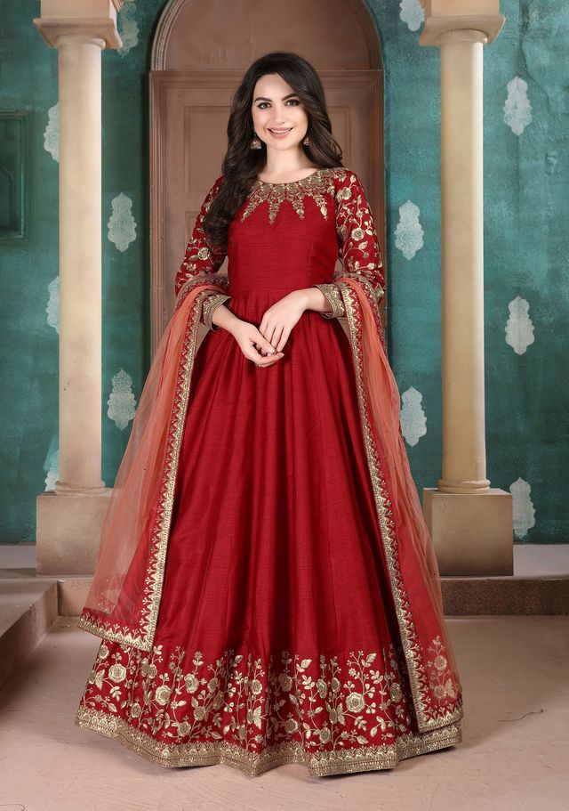 Red Adda Silk Heavy Embroidery with Embroidered bordered Border Dupatta Anarkali Suits