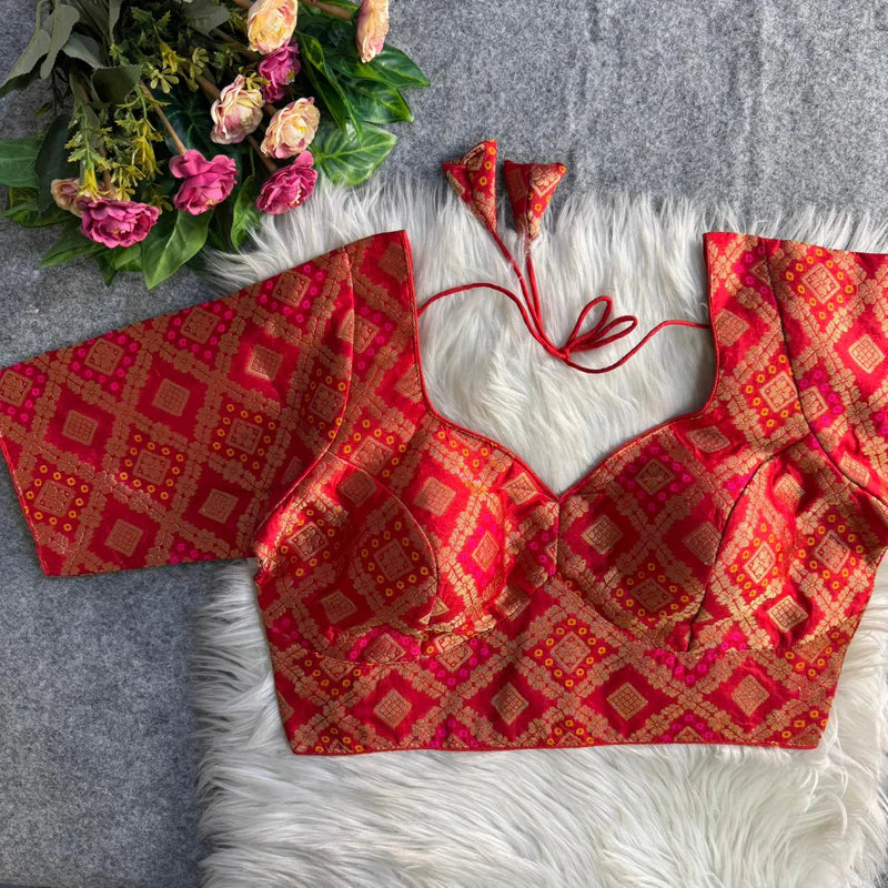 Red Banarasi Jacquard Patola Designer Blouse Silk Partywear Readymade Blouse