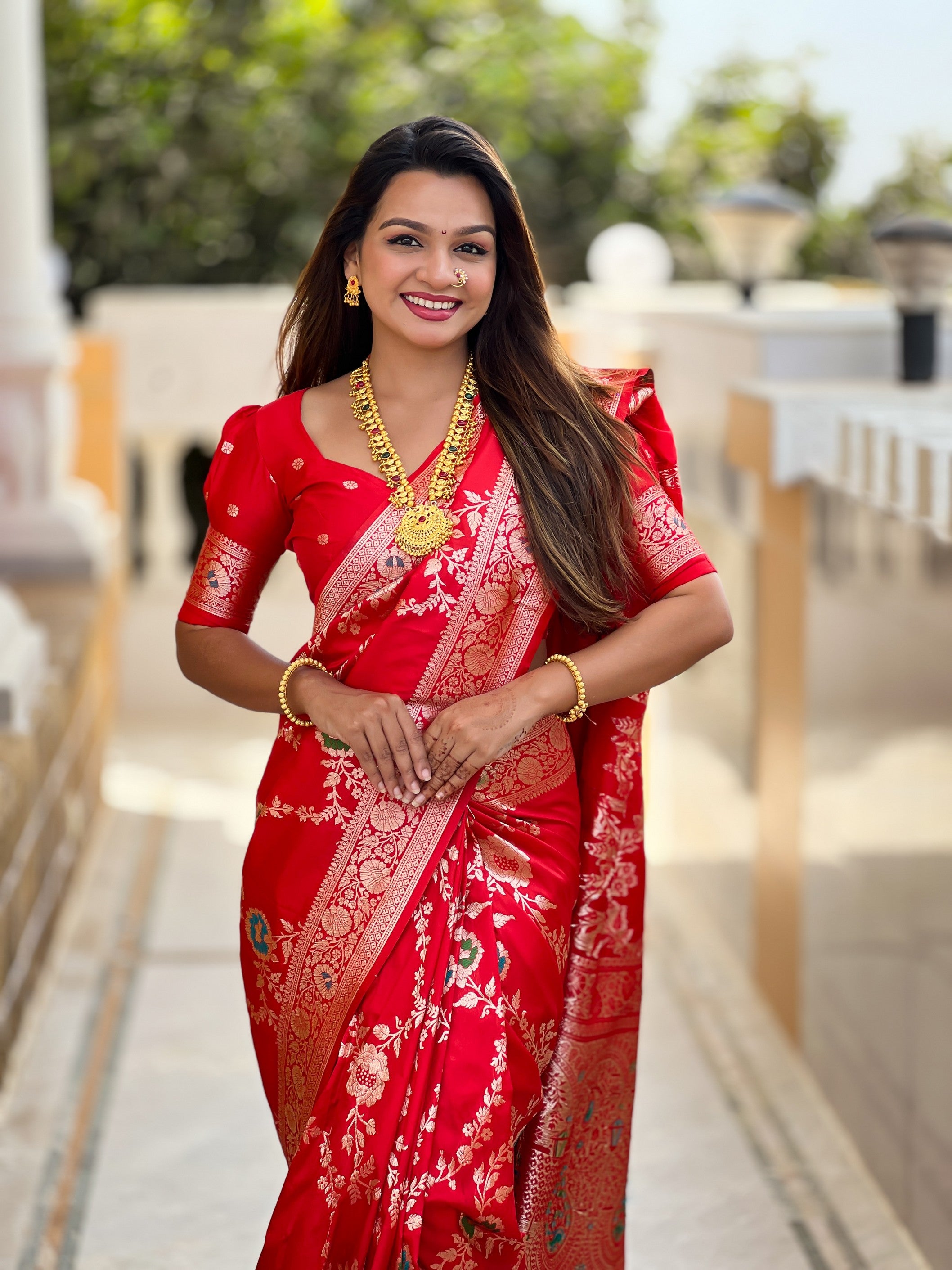 Red Banarasi Silk Saree With Traditional Woven Meenakari Designer Traditional Looks