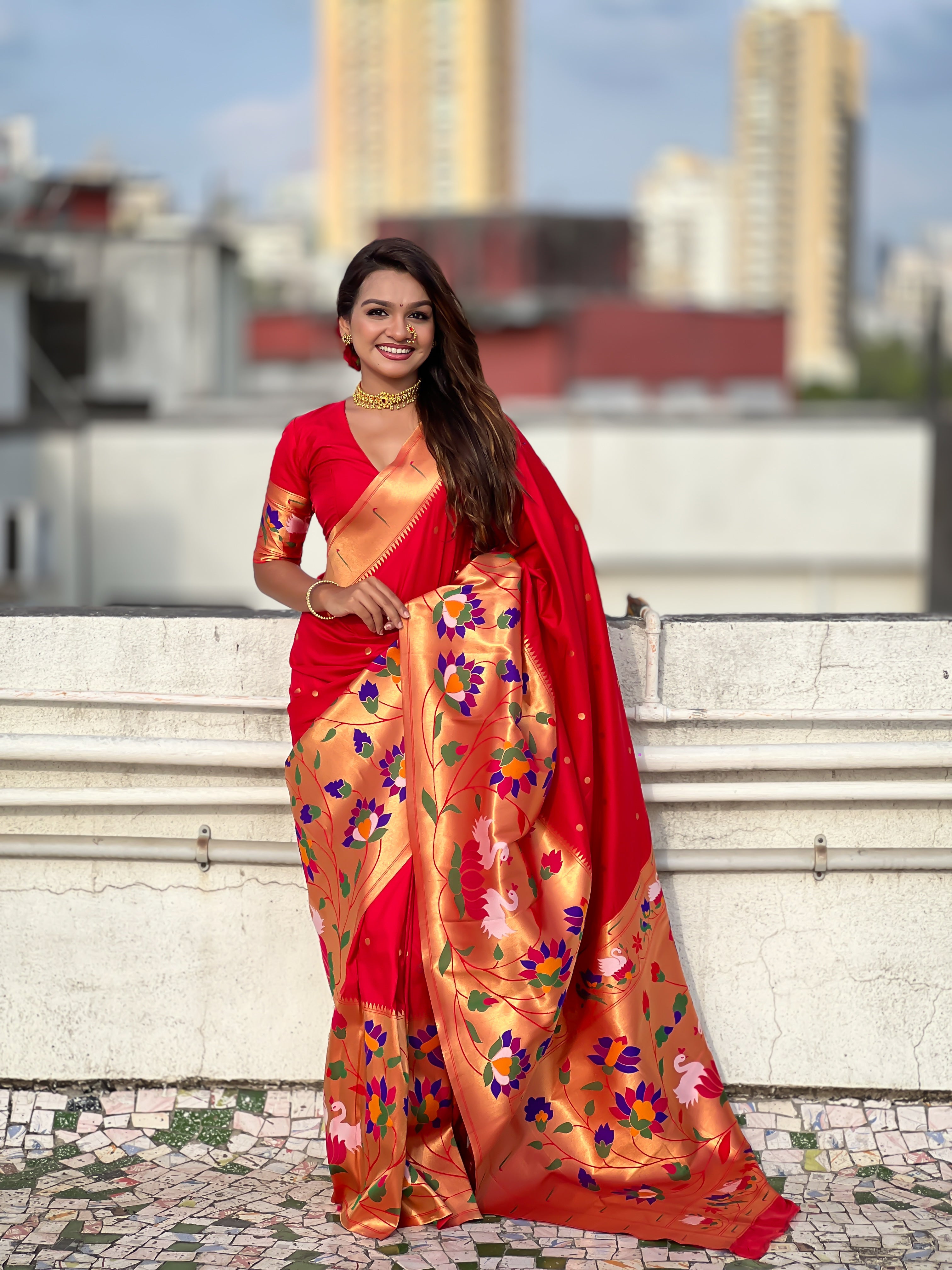 Red Beautiful Woven Meenakari Polka Designer Paithani Silk Ethnic Graceful Saree