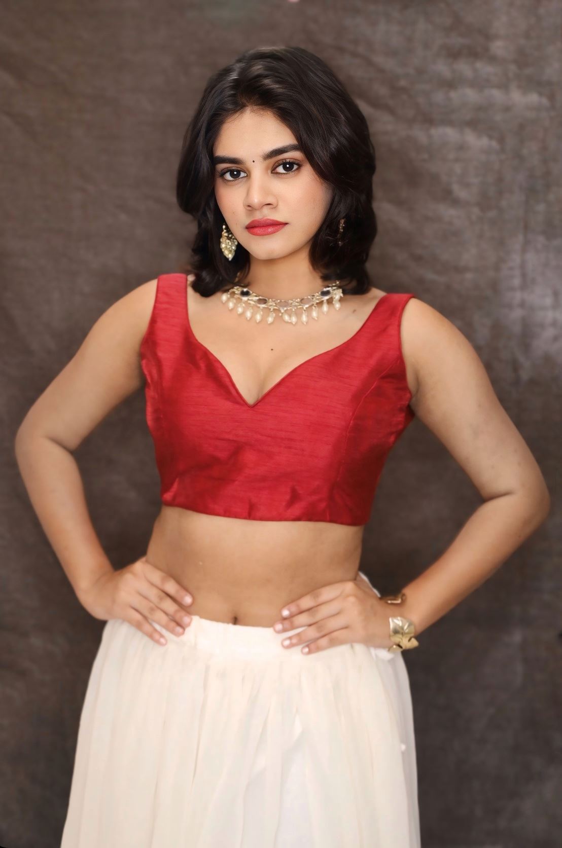 Red Classic Silk V Neckline Blouse With Back Dori
