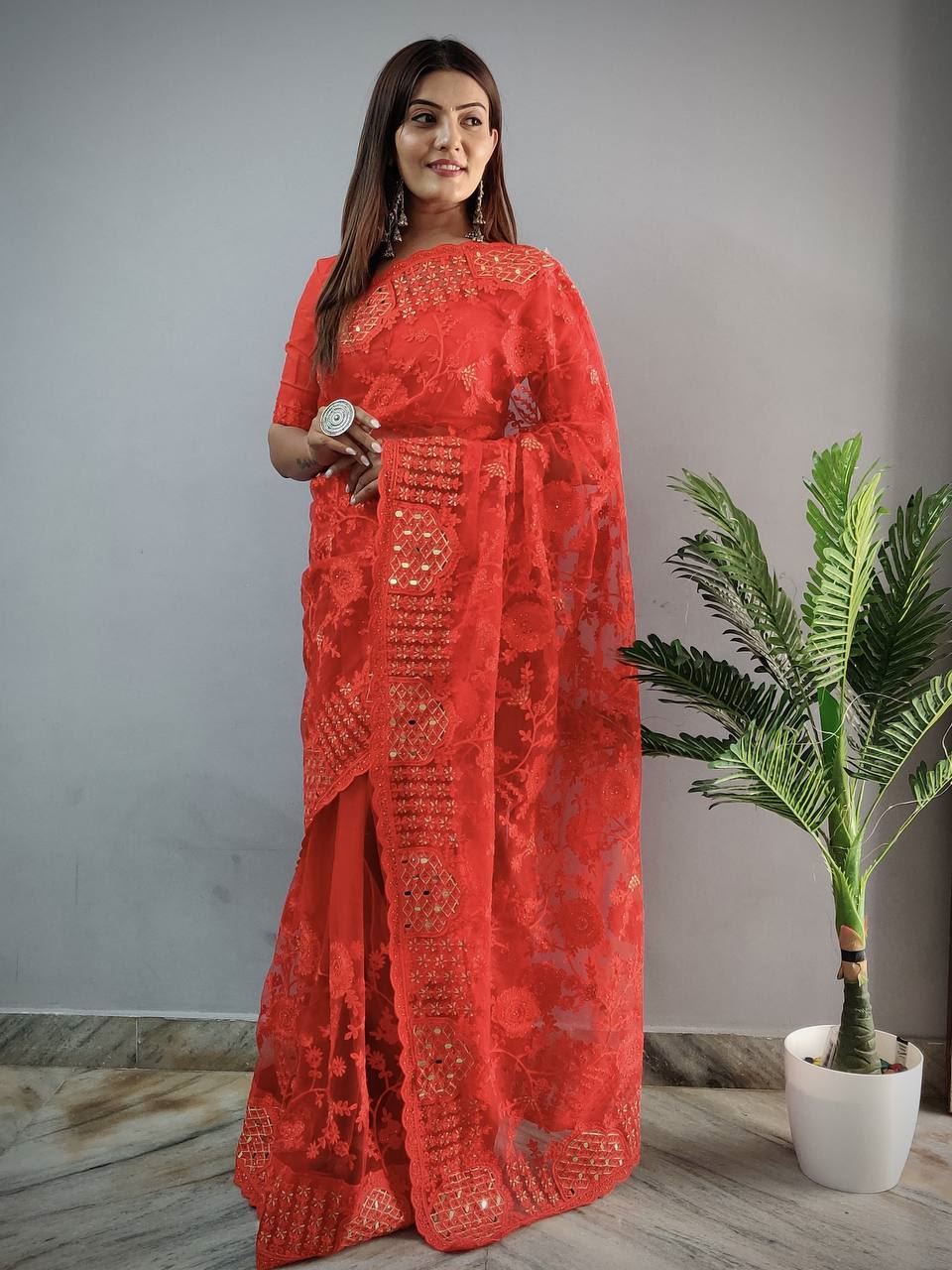 Red Colour Butterfly Work Embroidery Work Saree