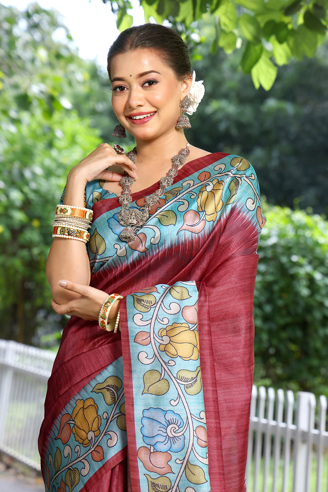 Red Cotton Silk Saree with Solid Design and Printed Pallu