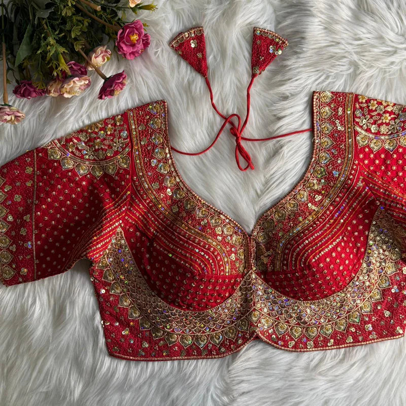 Red Designer Bridal Blouse with Heavy Stars, Rainbow & Sequins Work Roman Silk