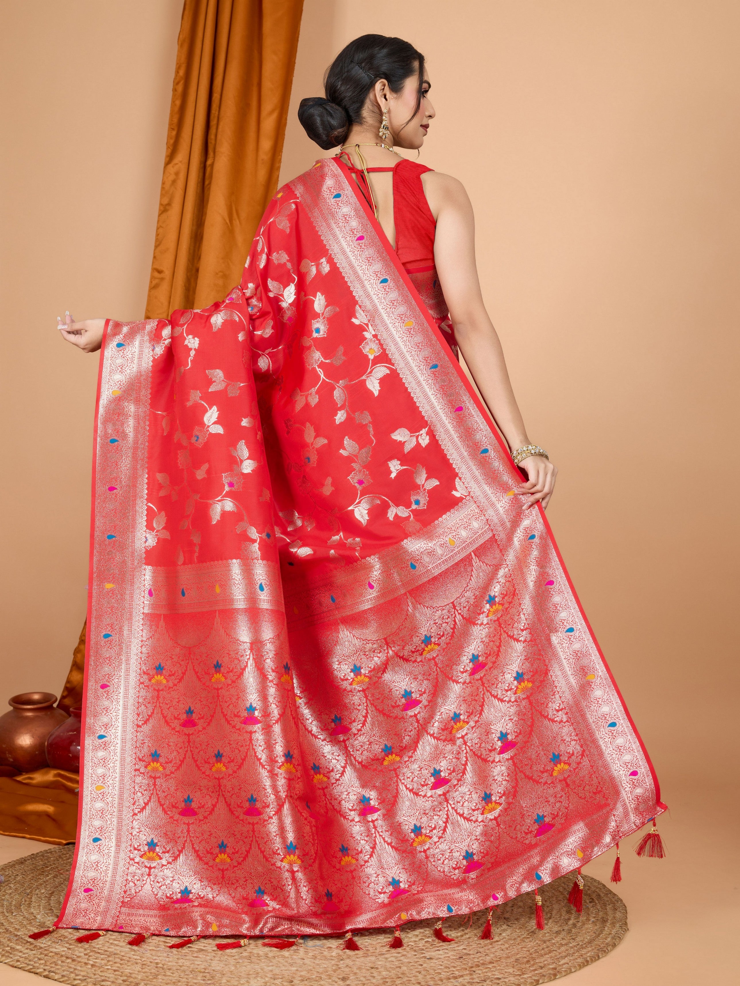 Red Ethnic Banarasi Silk Saree With Woven Jari Designer Work