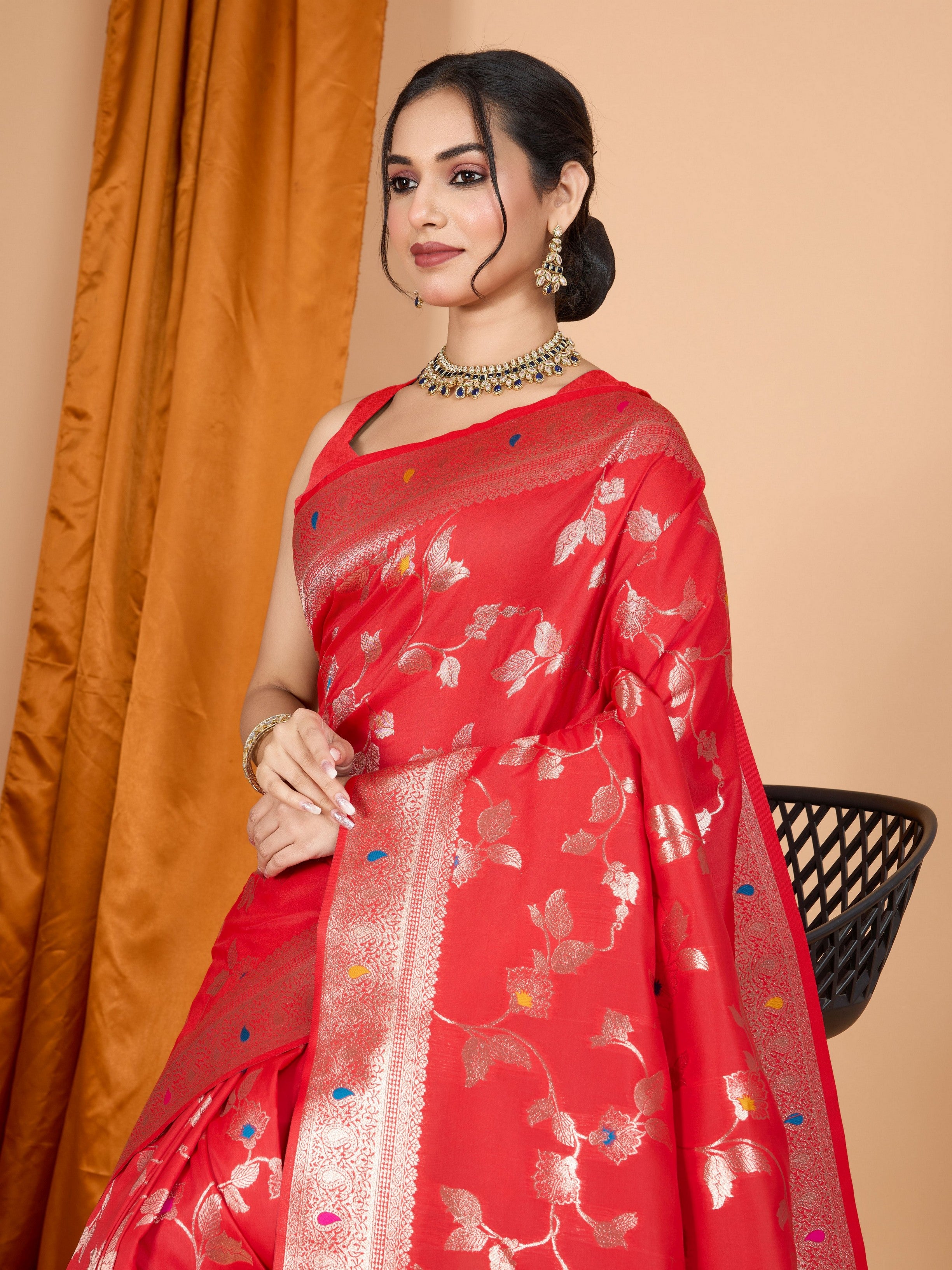 Red Ethnic Banarasi Silk Saree With Woven Jari Designer Work
