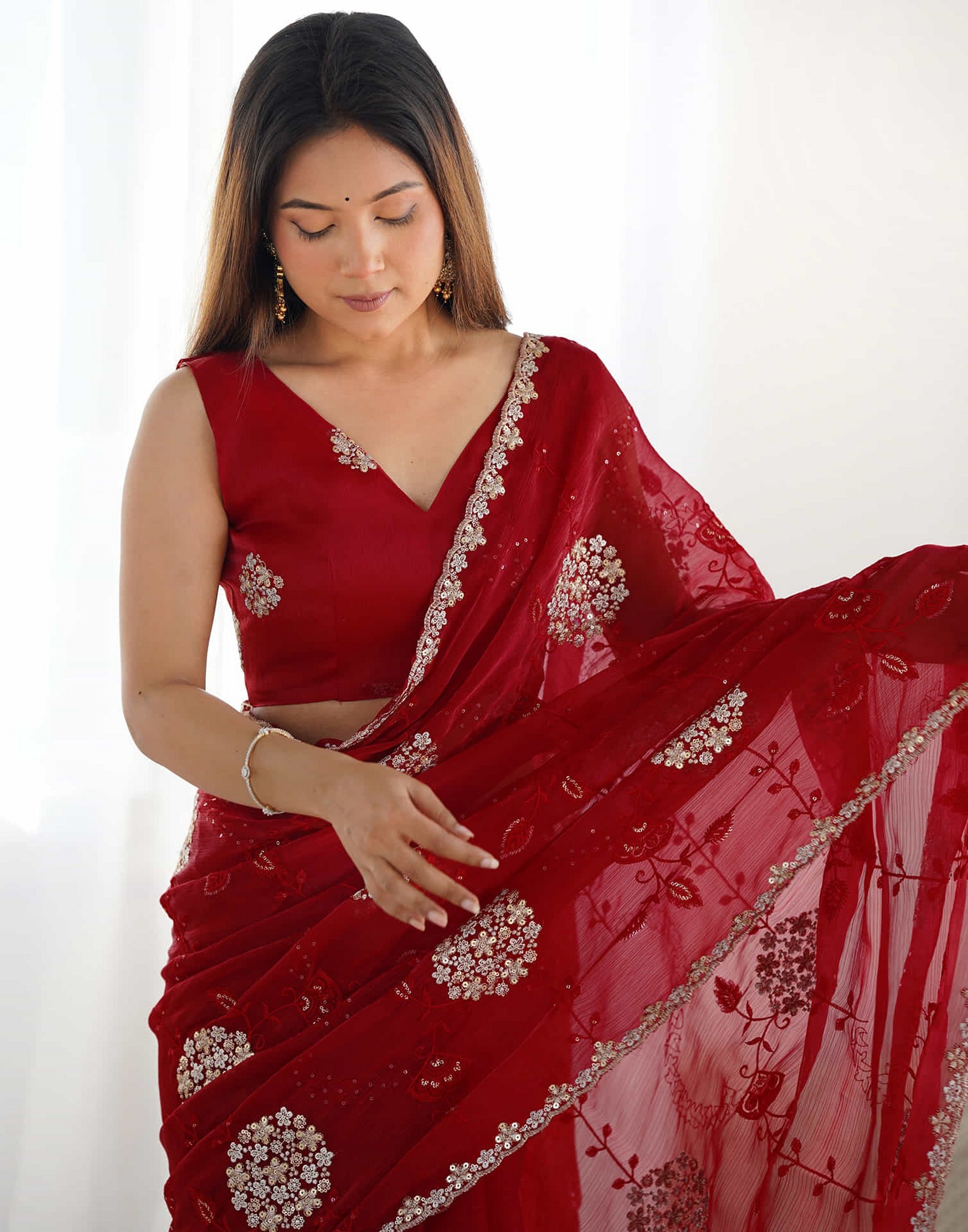 Red Fancy Embroidery Work Jimmy Choo Girlie Bollywood Saree