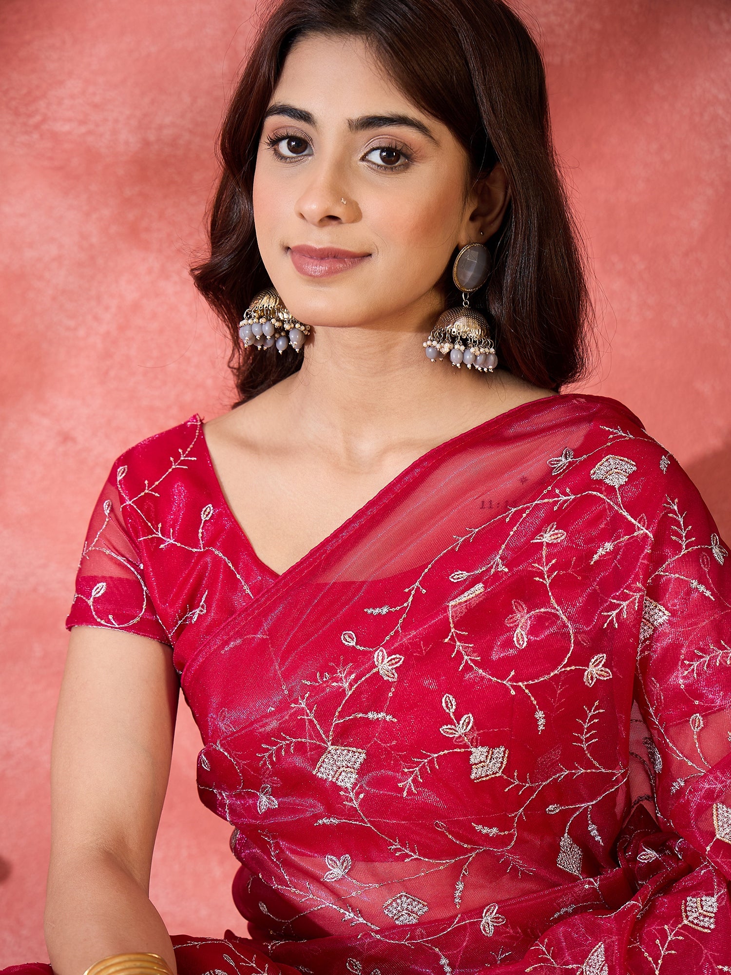Red Fancy Twill Net Sequins Embroidery Work Ceremonial Saree