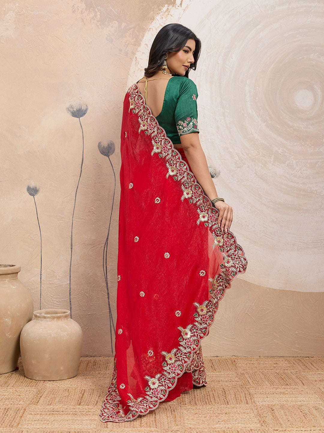 Red Fendy Chiffon Saree With Embroidery Premium Festive Saree
