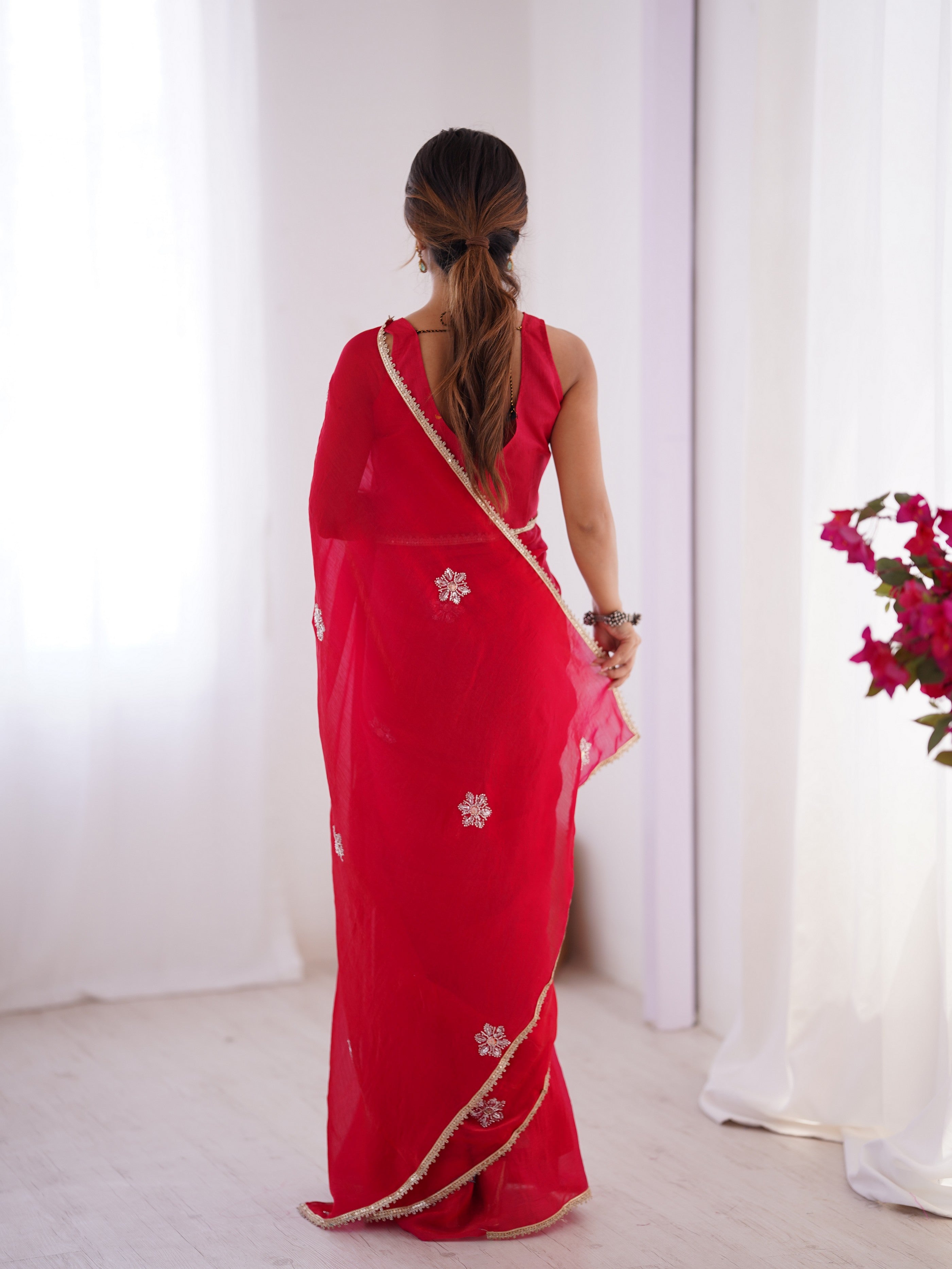 Red Fendy Designer Beads Moti And Val Sequance Work Partywear Saree