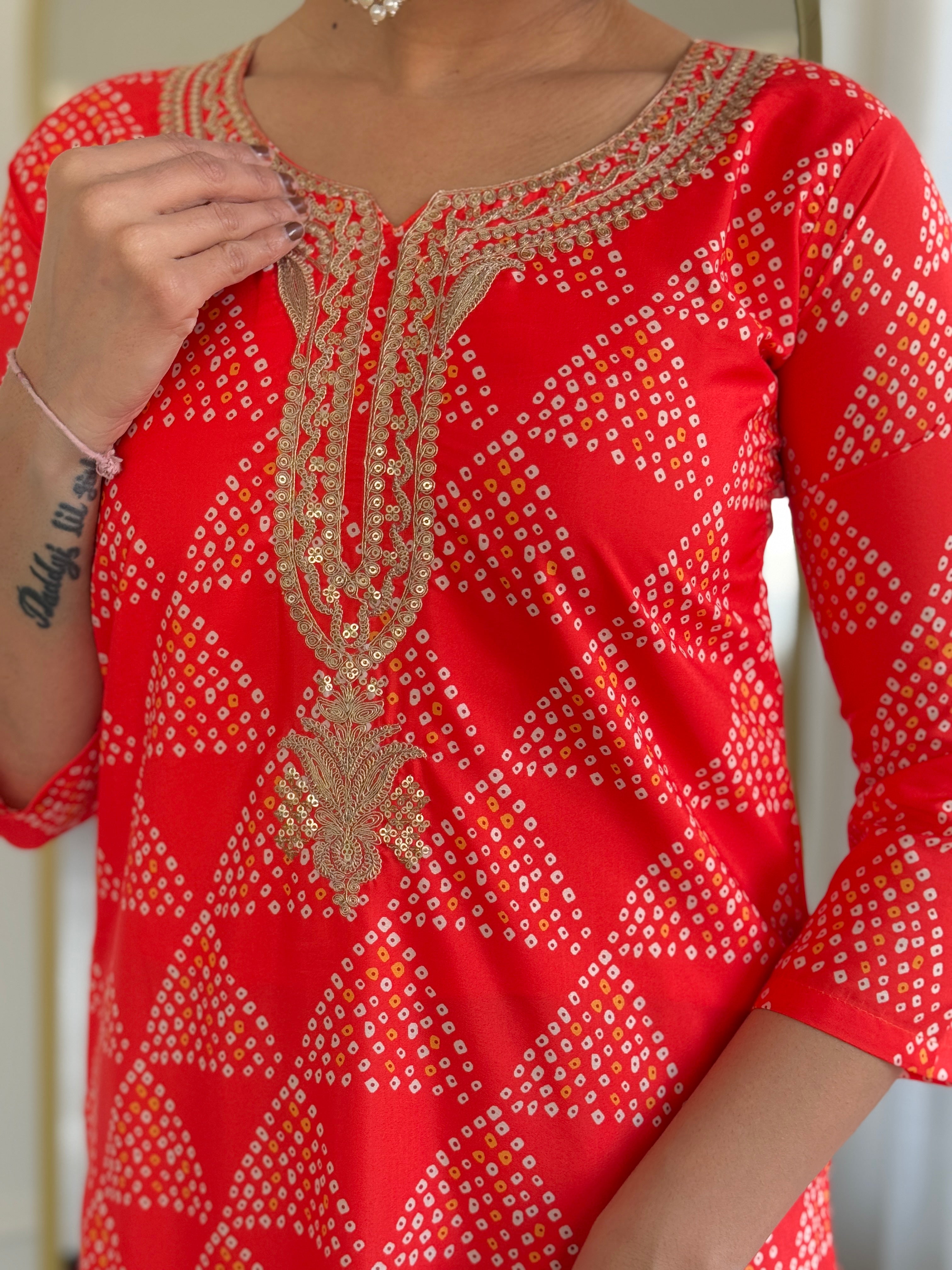 Red French Crepe Elegant Kurta Pant Set With Embroidery Work