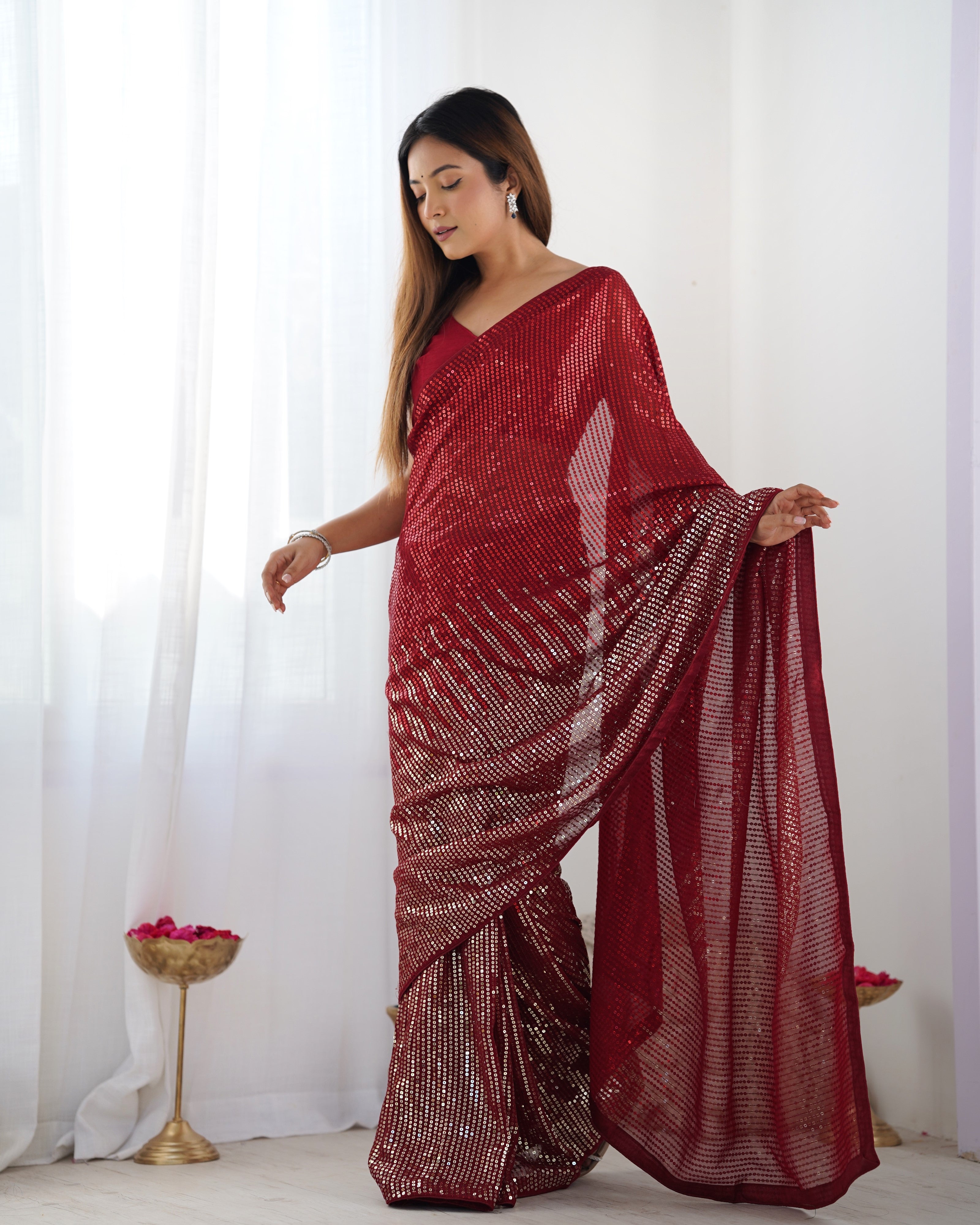 Red Georgette Designer Sequance Embroidery Work Bollywood Style Partywear Saree