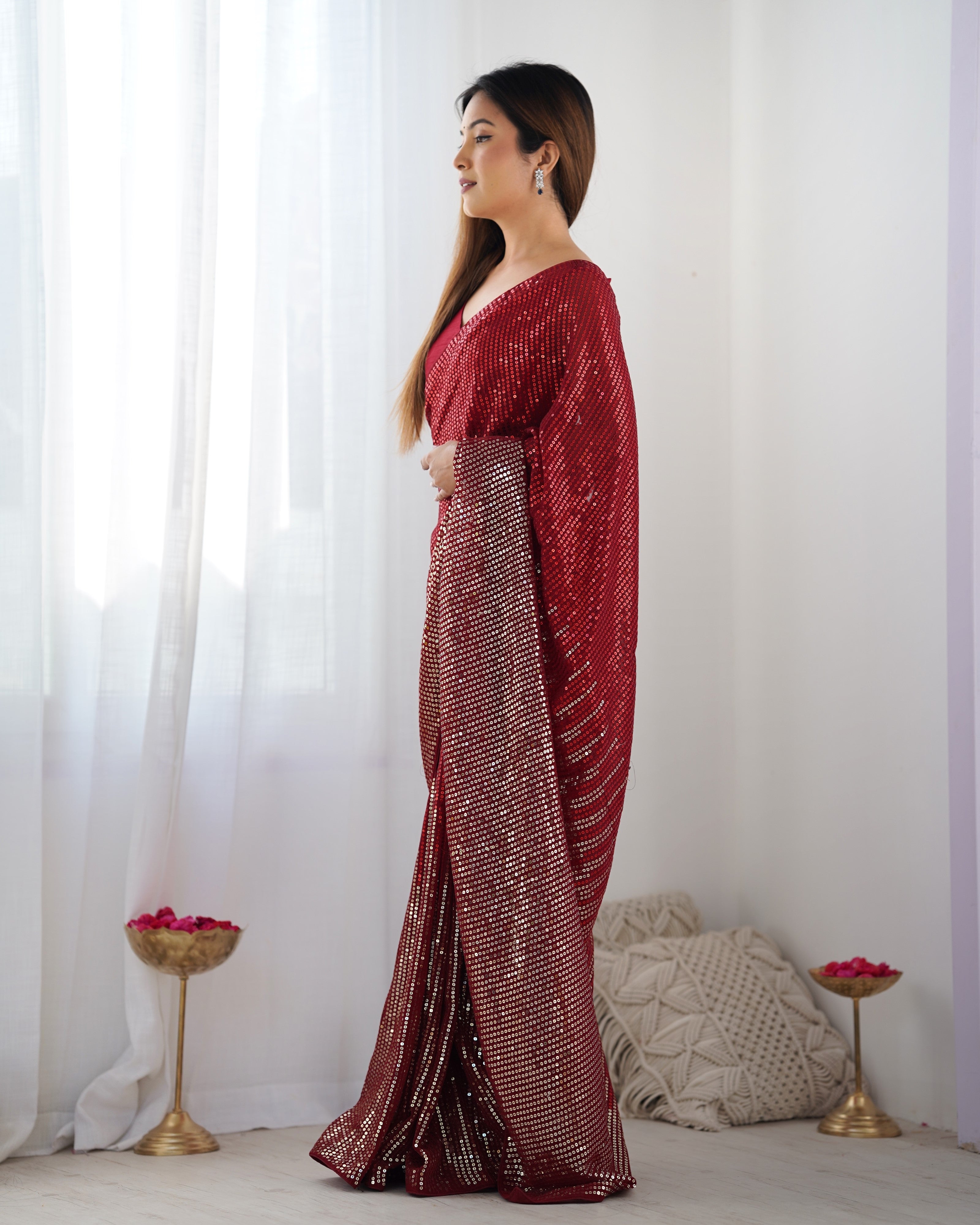Red Georgette Designer Sequance Embroidery Work Bollywood Style Partywear Saree