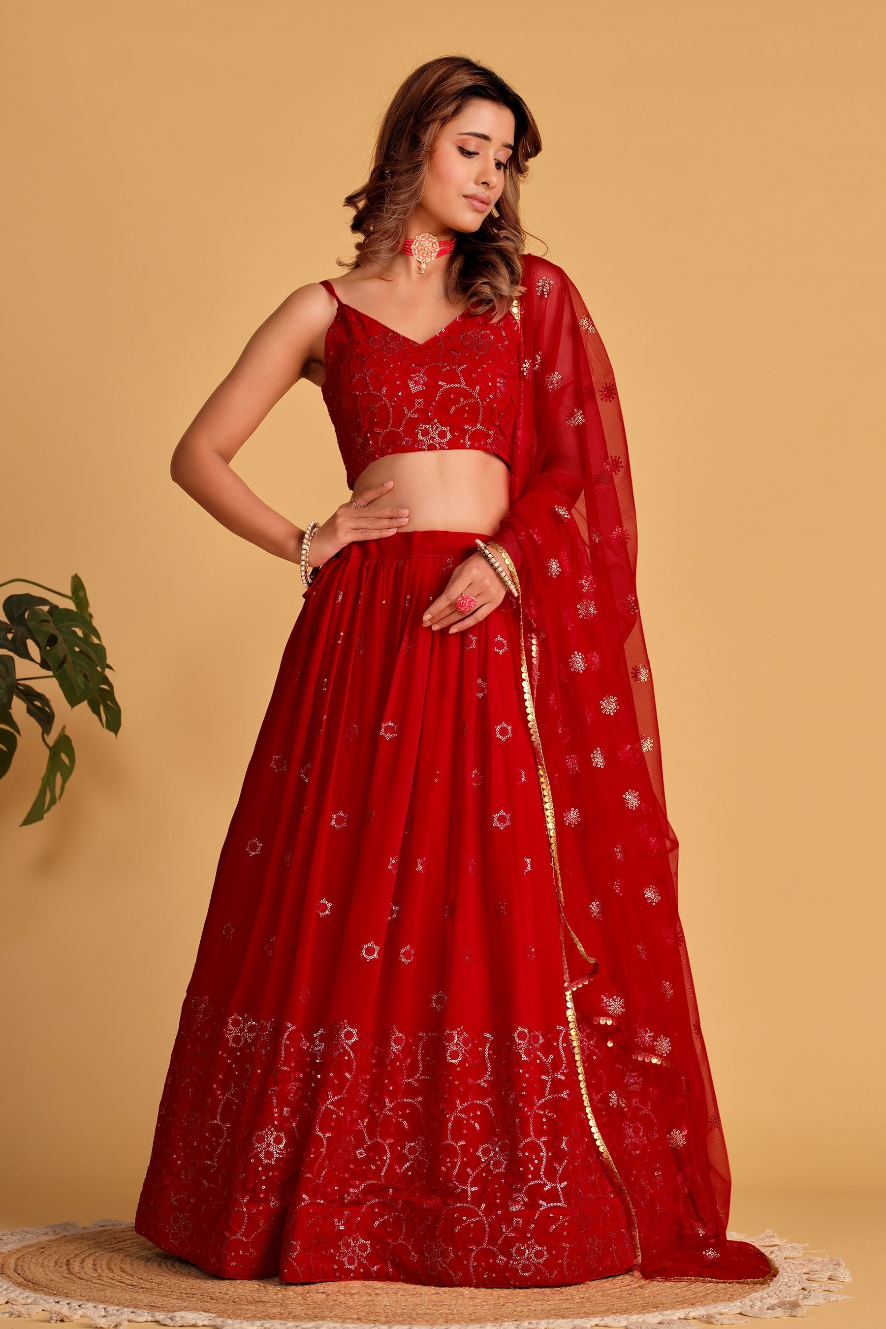 Red Georgette Lehenga Choli With Sequins Thread Embroidered Work