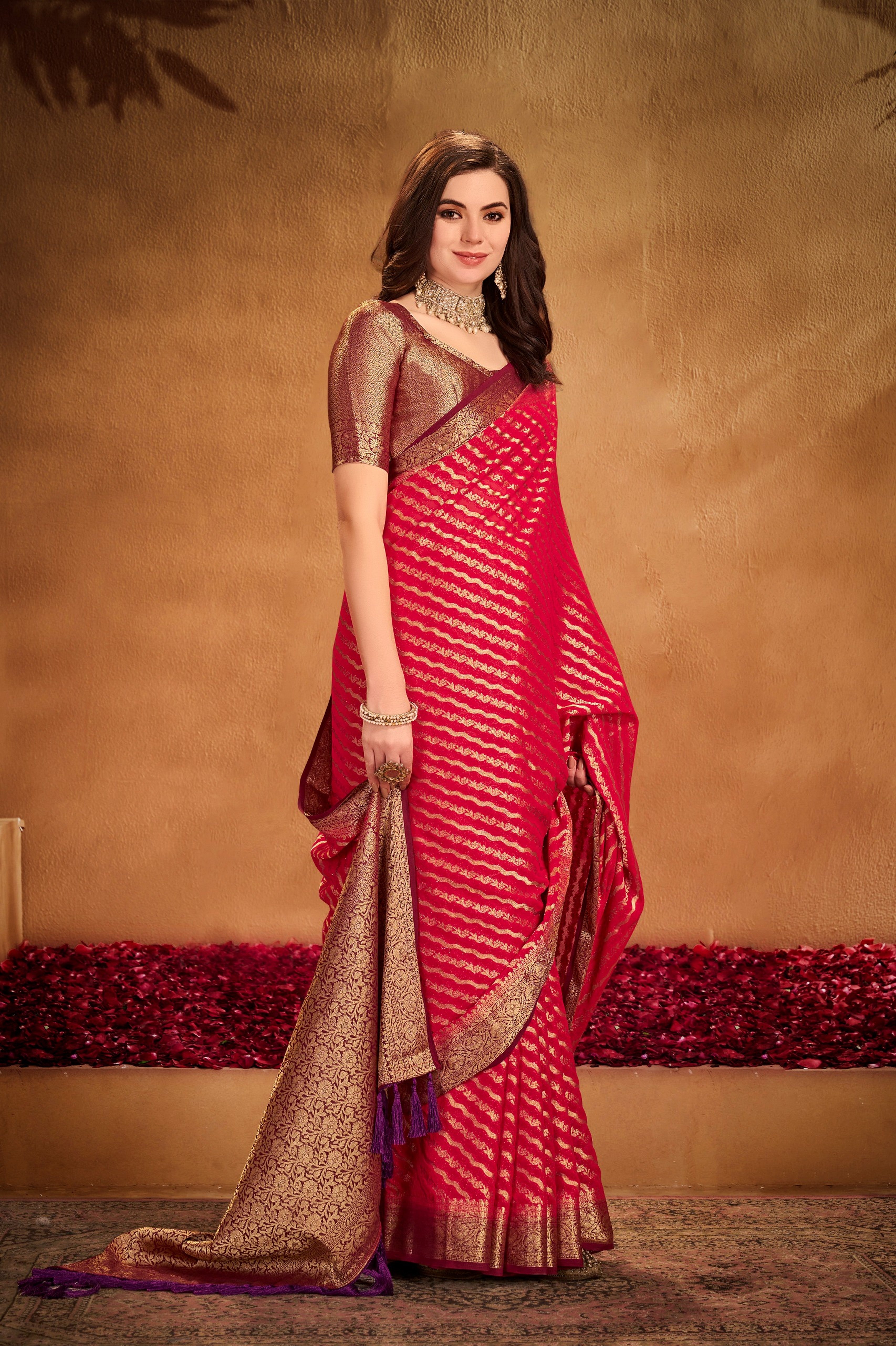 Red Georgette Woven Designer Saree