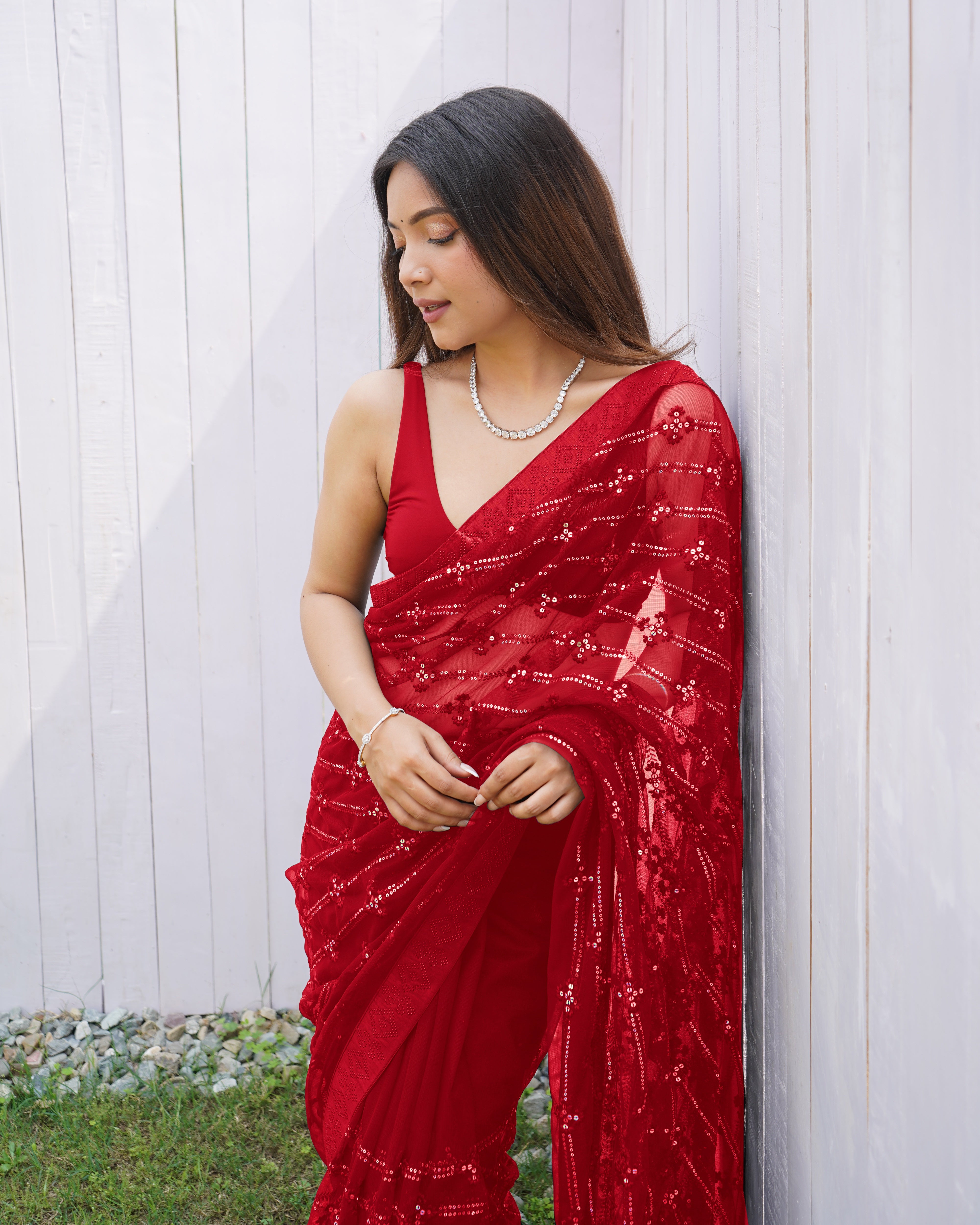 Red Graceful Butterfly Net Sequins Embroidery Saree With Diamond Work