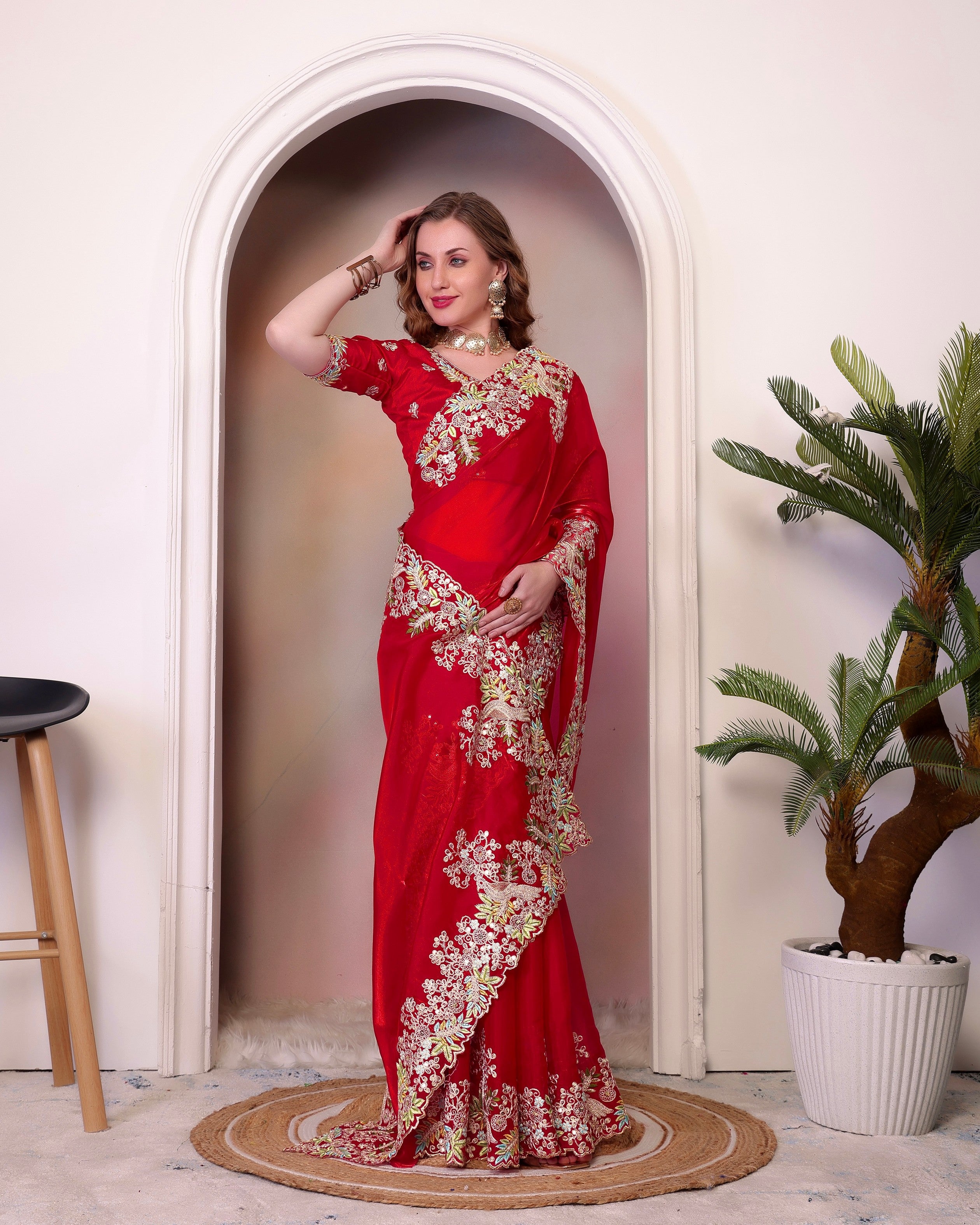 Red Jimmy Choo Heavy Sequins Work Partywear Saree