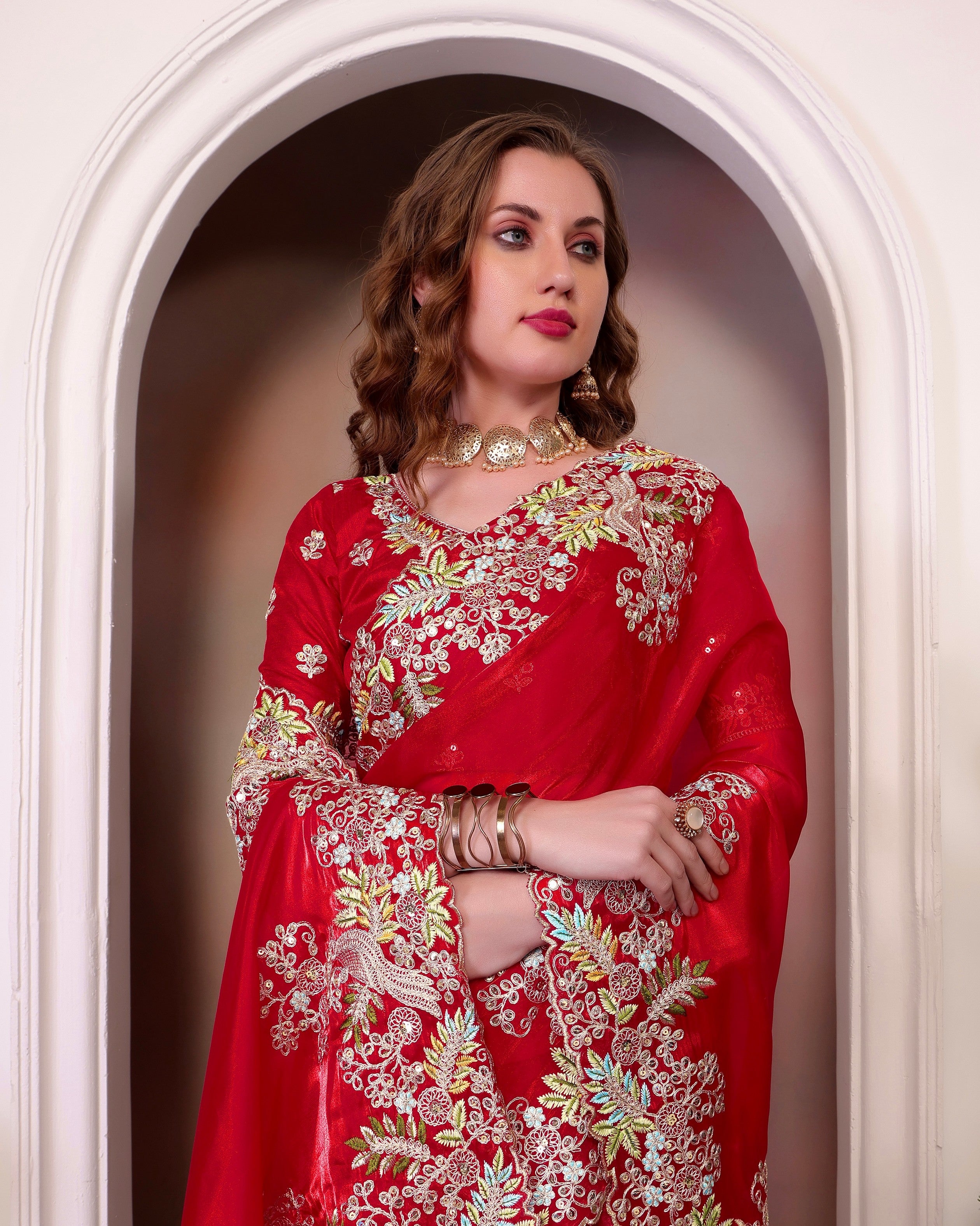 Red Jimmy Choo Heavy Sequins Work Partywear Saree