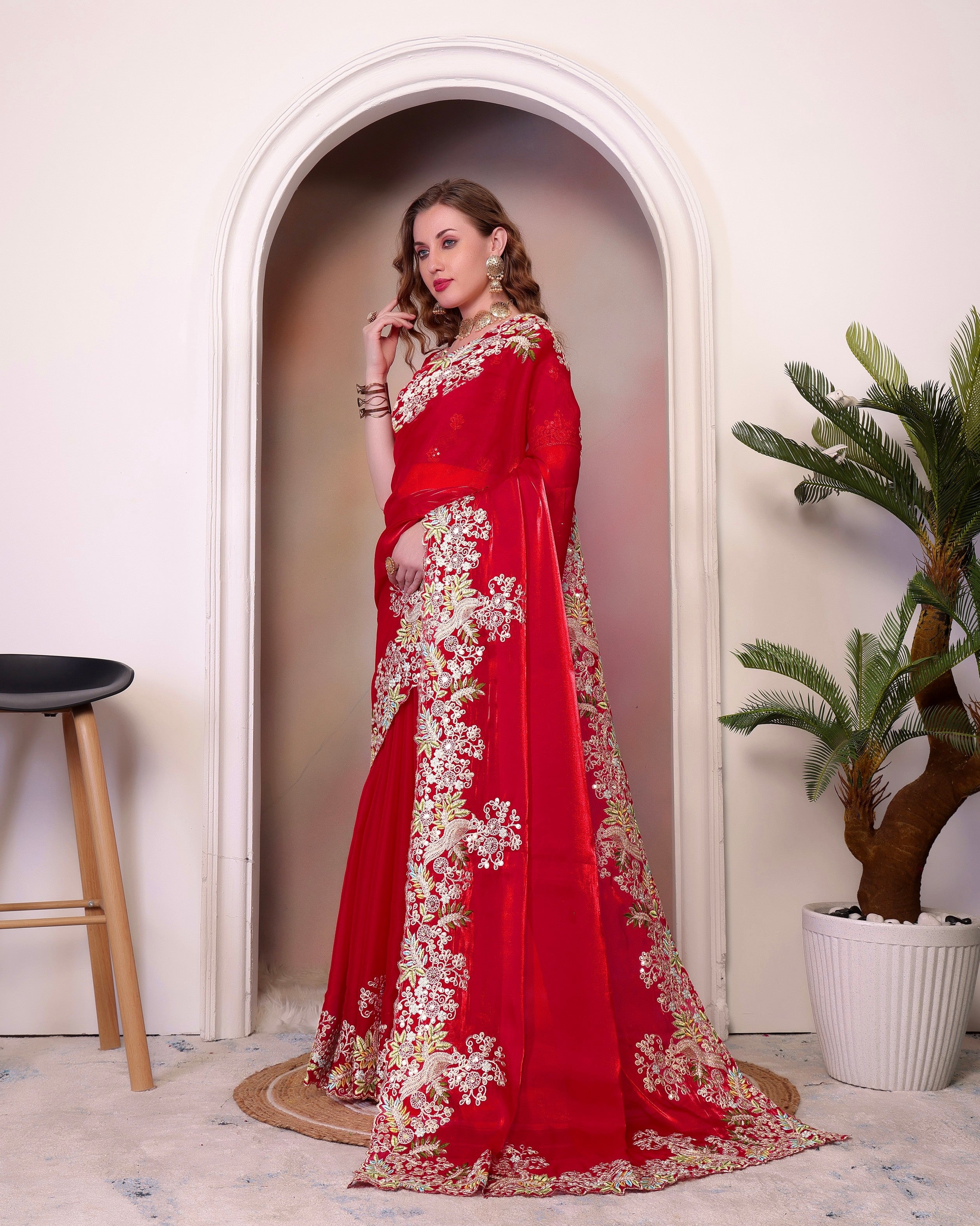 Red Jimmy Choo Heavy Sequins Work Partywear Saree