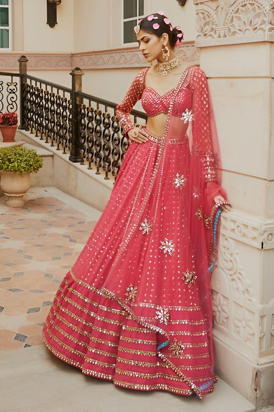 Red Lehenga Choli With Sequence With Thread And Jari Embroidery Work