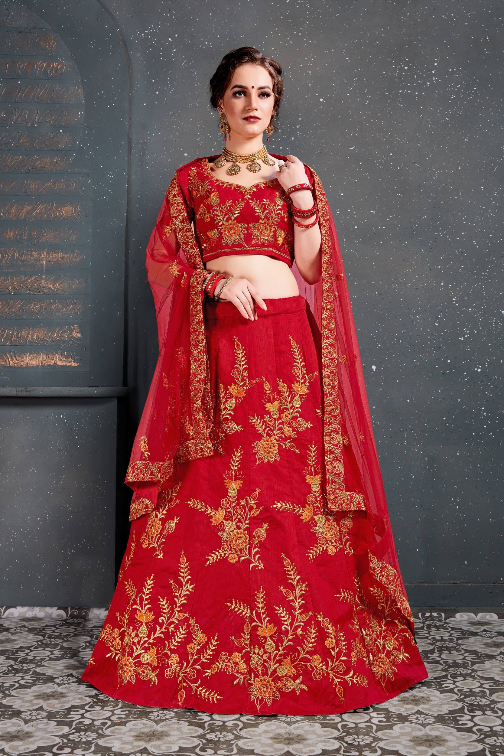 Red Lehenga Choli With Thread, Dori, Zari Embroidery With Diamond Work