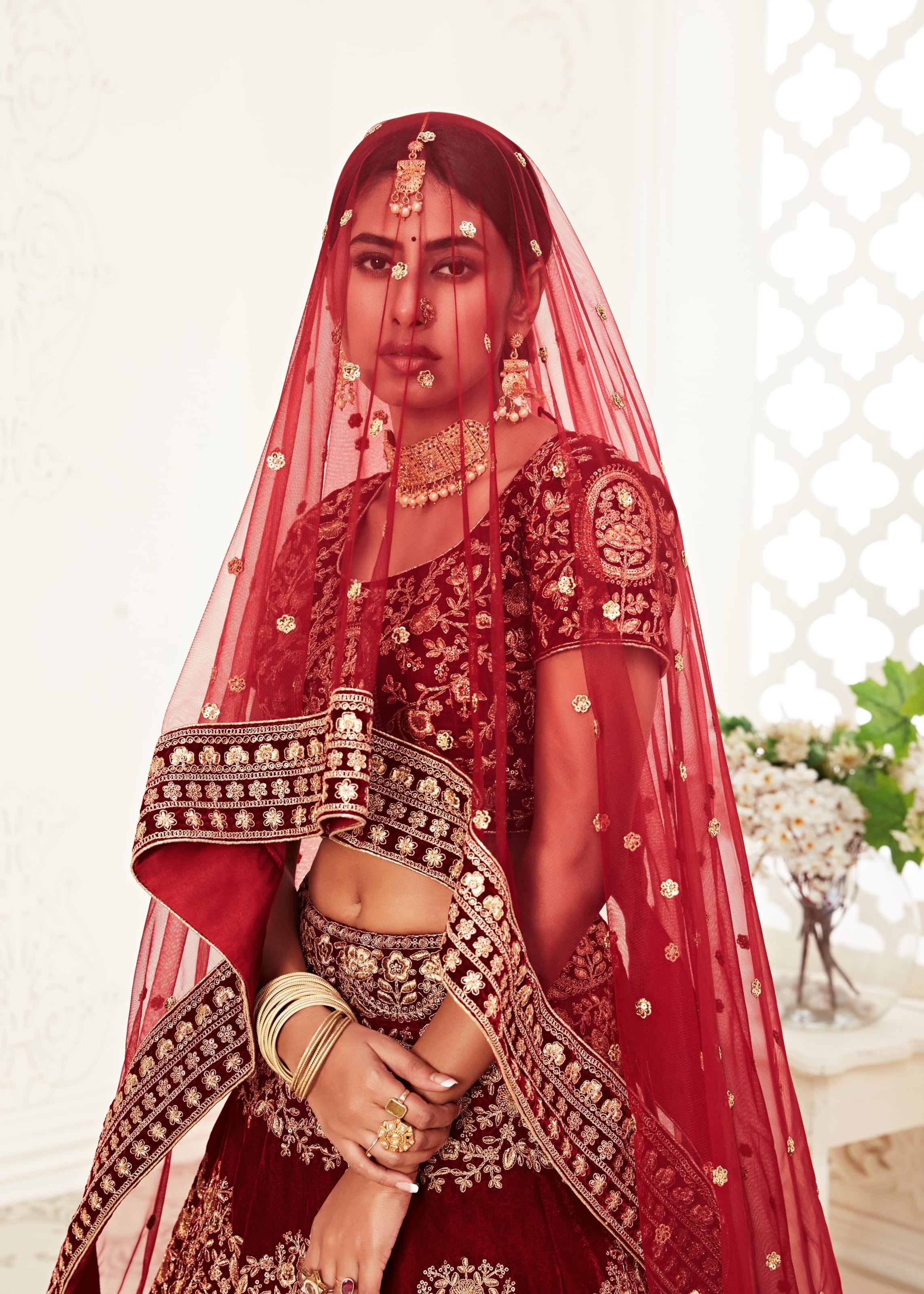 Red Lehenga Choli With Thread, Zari, Dori And Sequins Embroidery Work