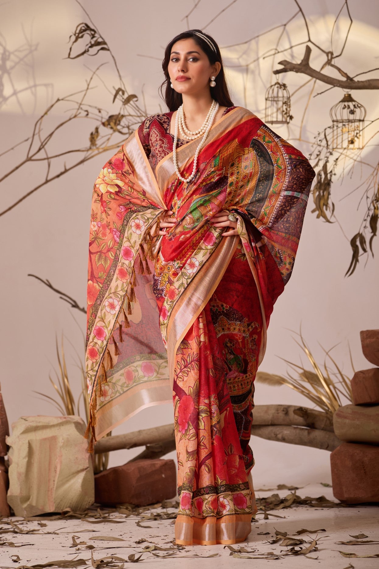 Red Linen Cotton saree With Digital Print