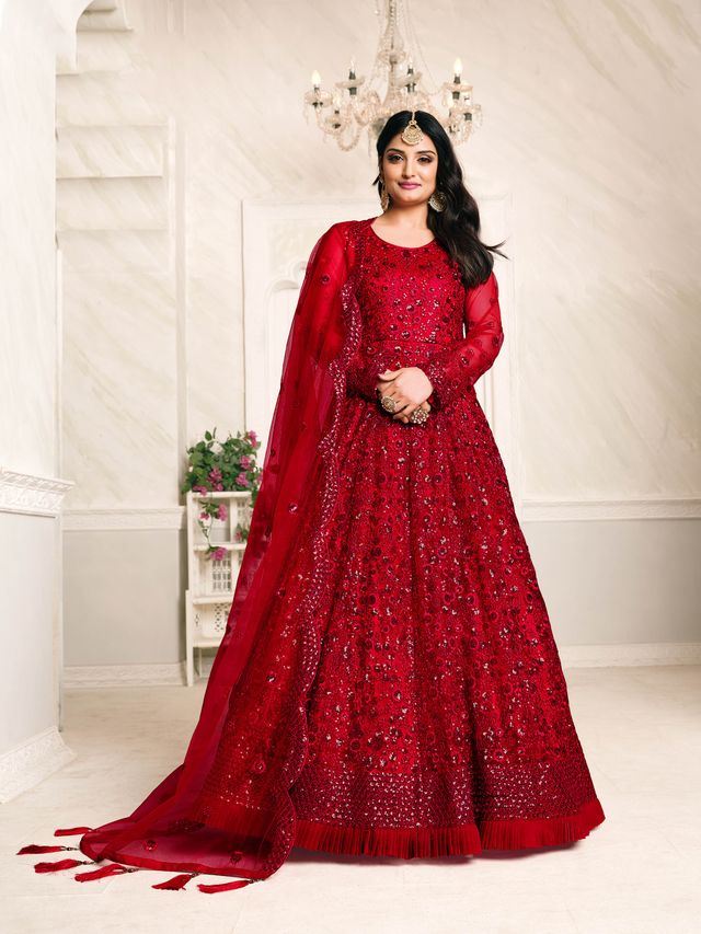 Red Net Heavy Thread Embroidery And Sequence Work Anarkali Suits