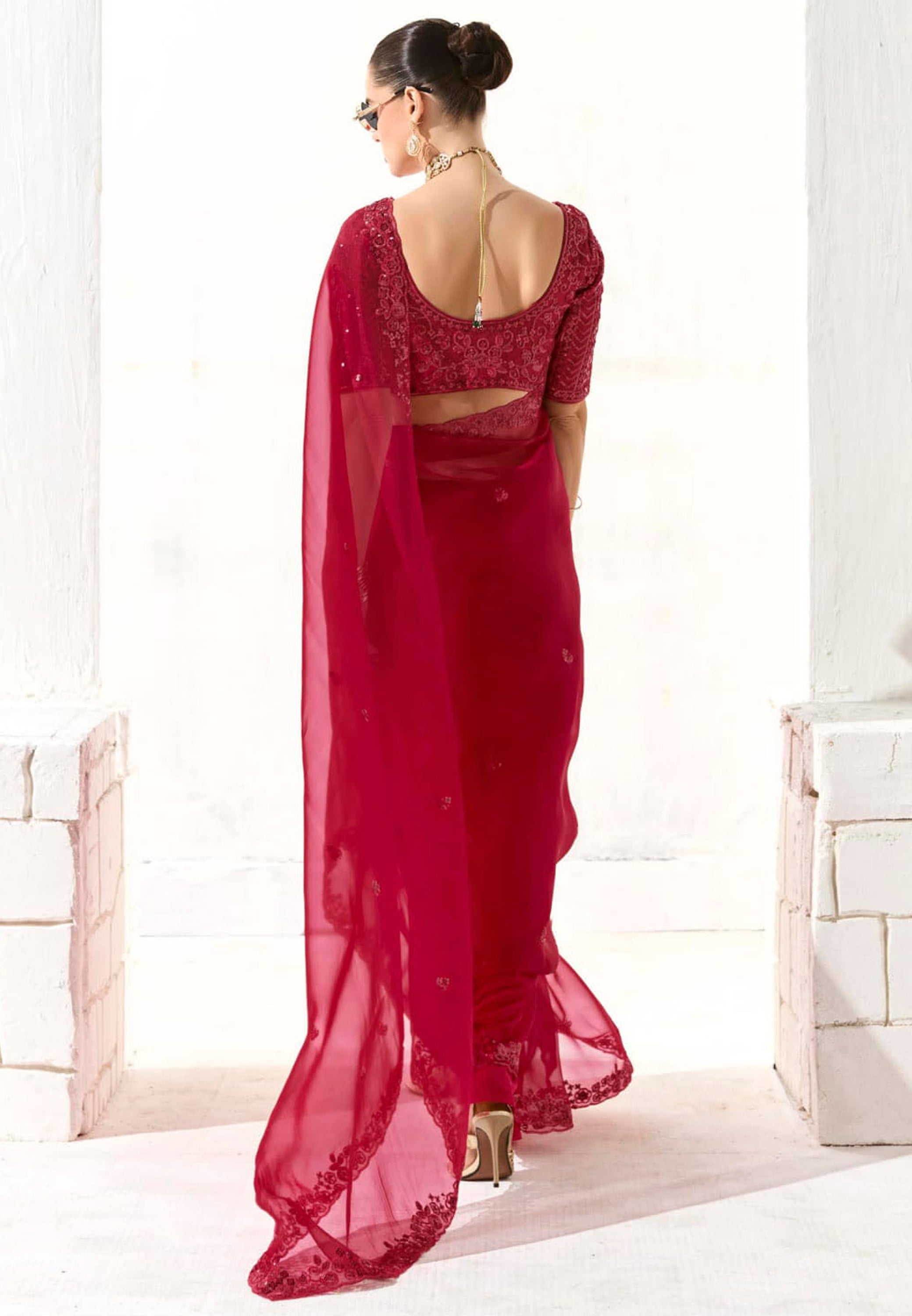 Red Organza Tissue Saree With Heavy Embroidery Butta Work With Embroidered Blouse