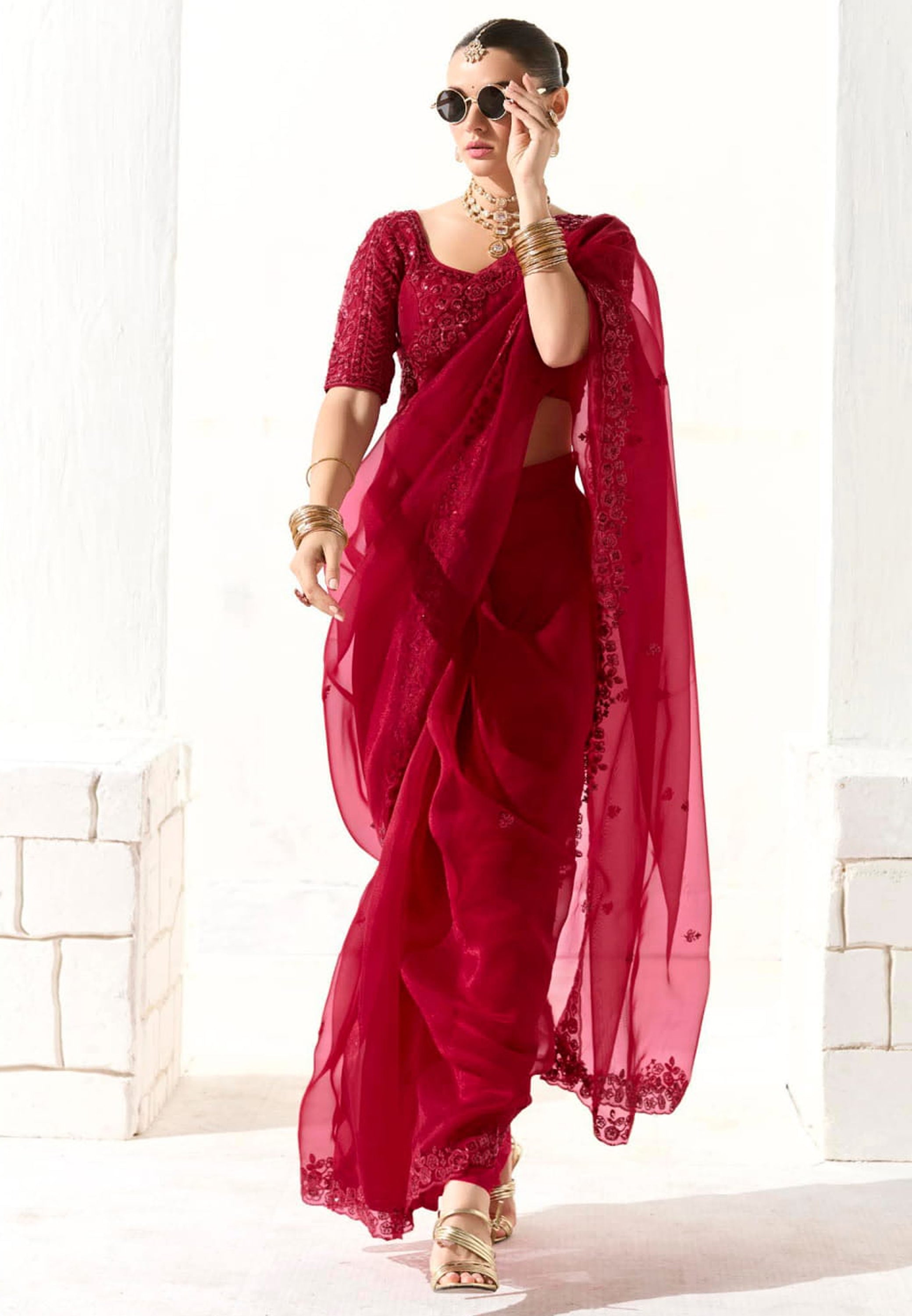 Red Organza Tissue Saree With Heavy Embroidery Butta Work With Embroidered Blouse