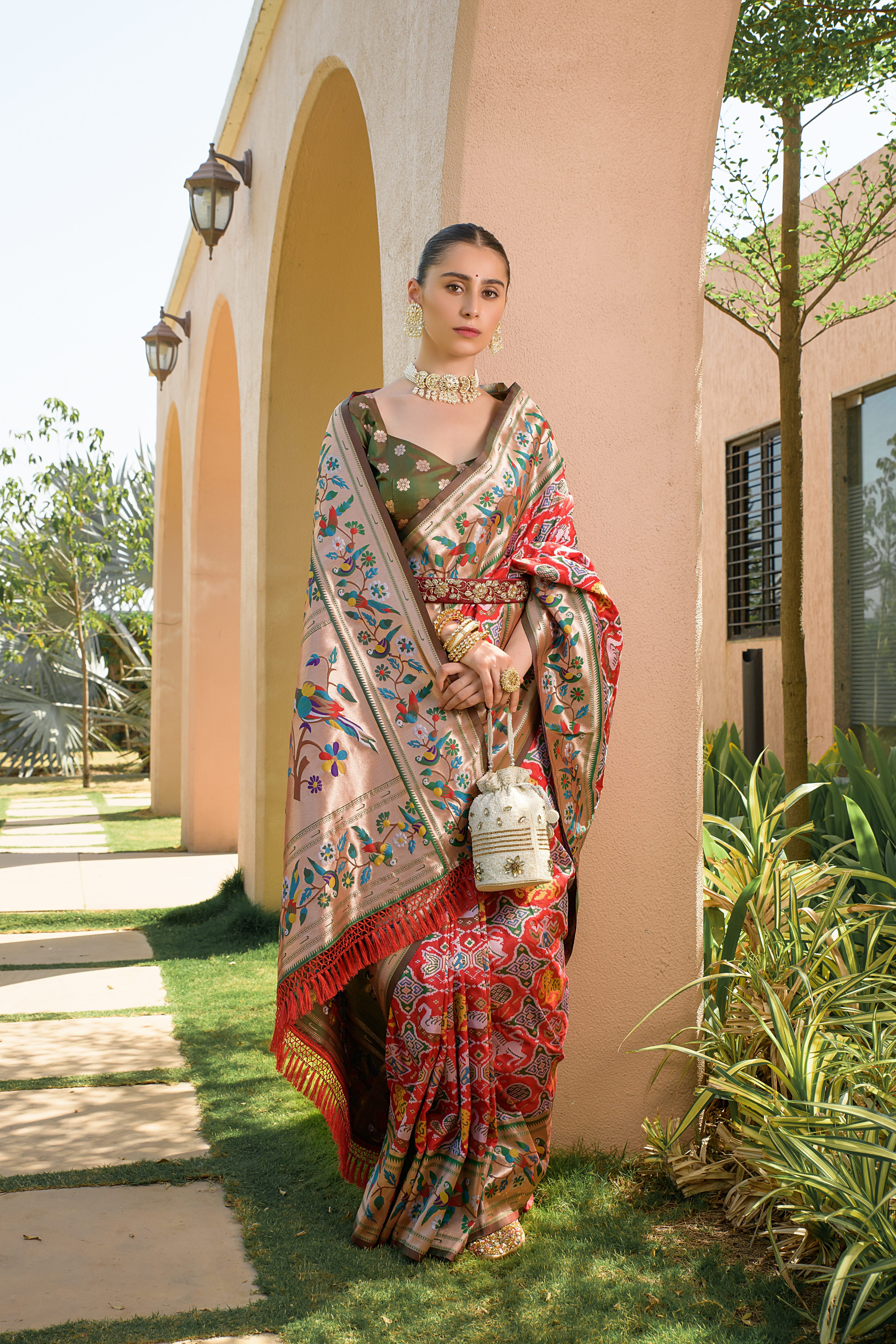 Red Paithani Silk Saree with Meenakari Zari and Pallu
