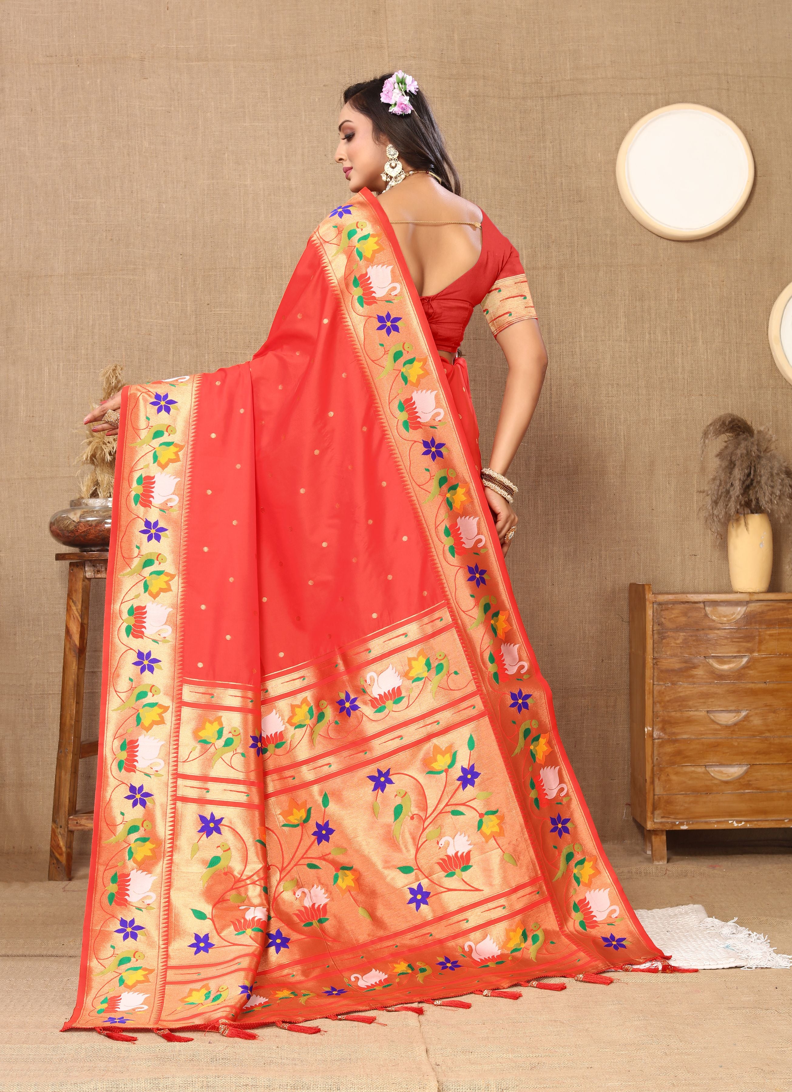 Red Paithani Silk Woven Meenakari Paithani Designer Ethnic Heavy Looks Saree