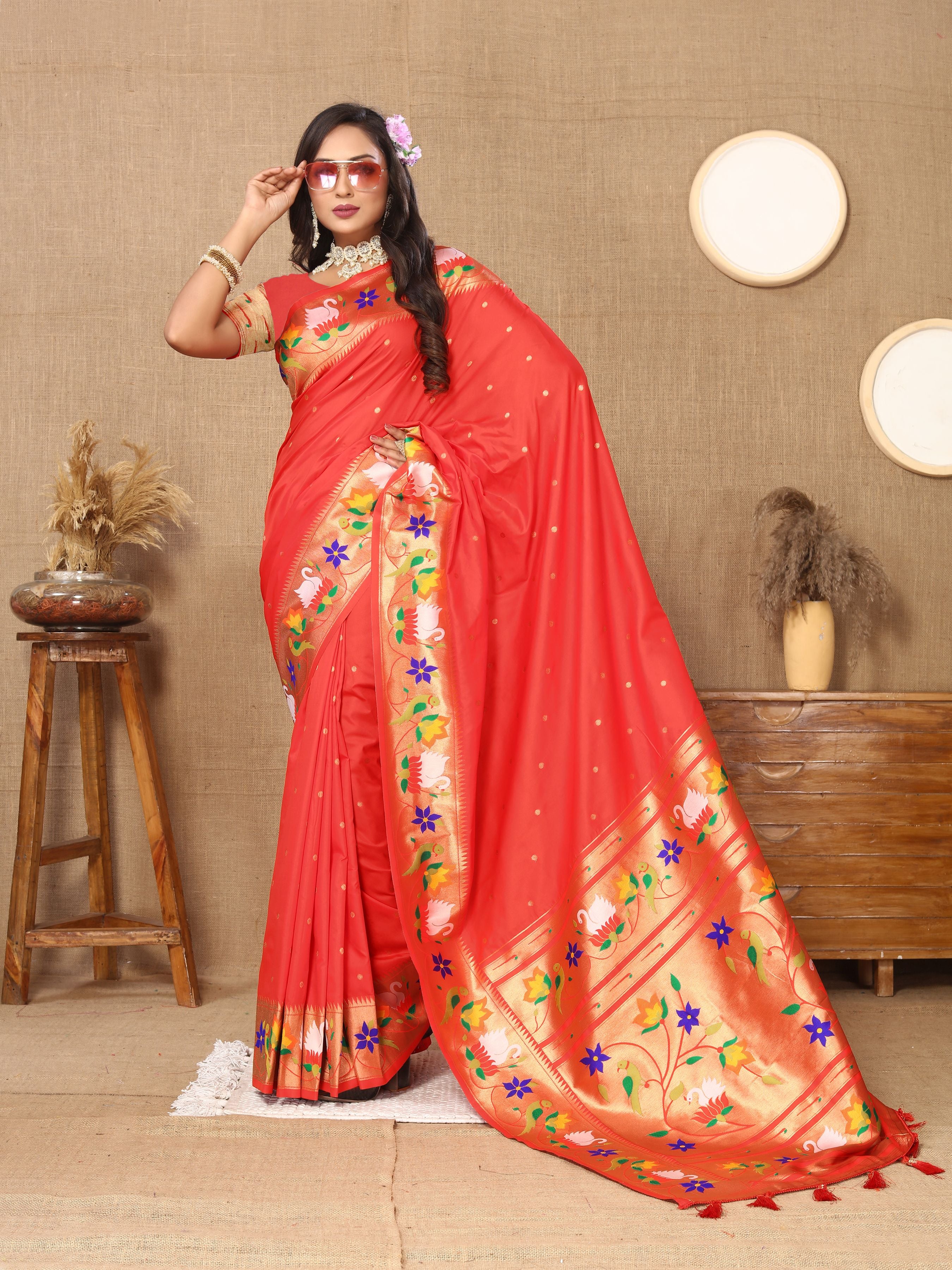 Red Paithani Silk Woven Meenakari Paithani Designer Ethnic Heavy Looks Saree
