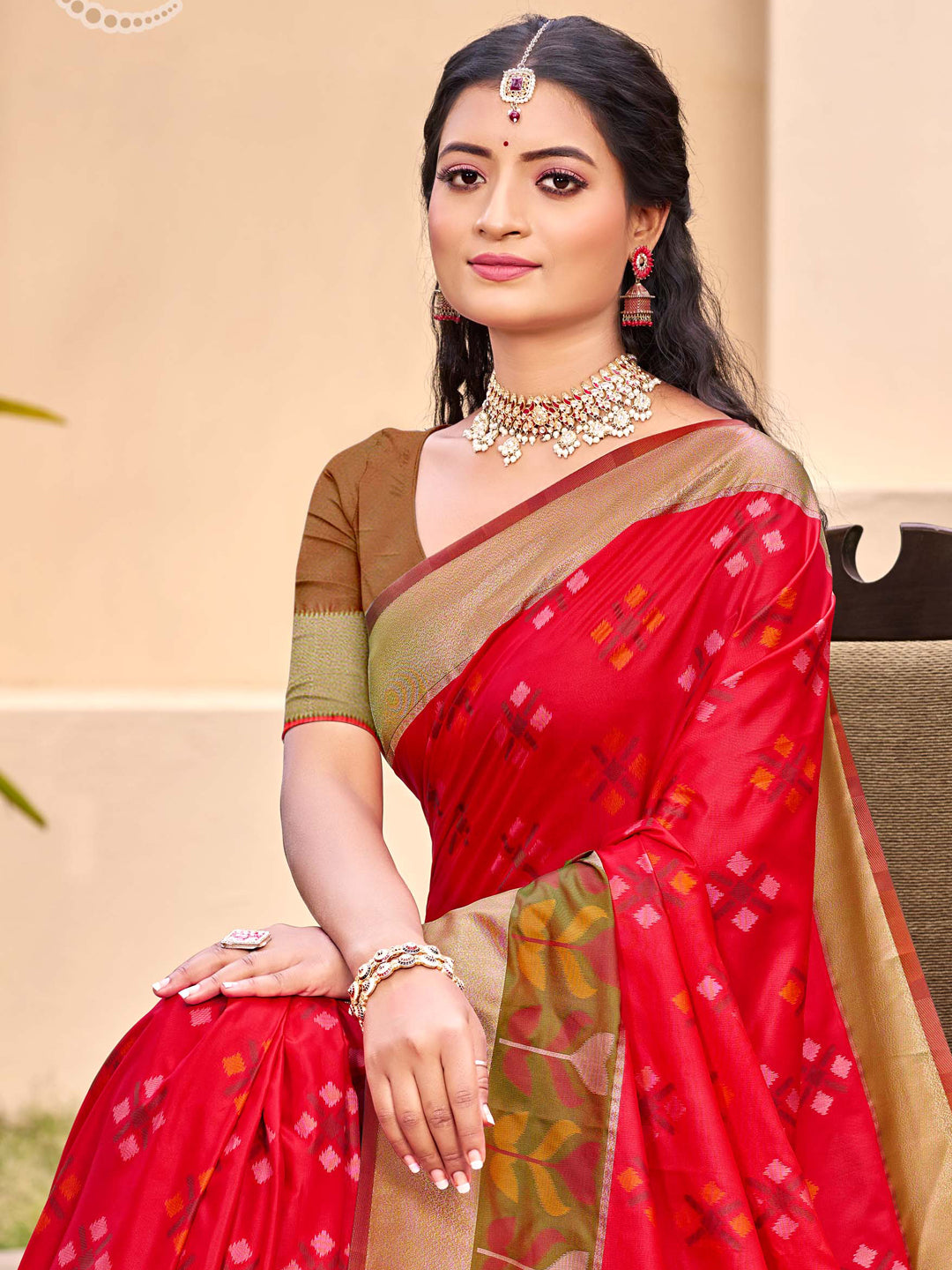 Red Pochampalli Silk Woven Designer Ethnic Partywear Saree