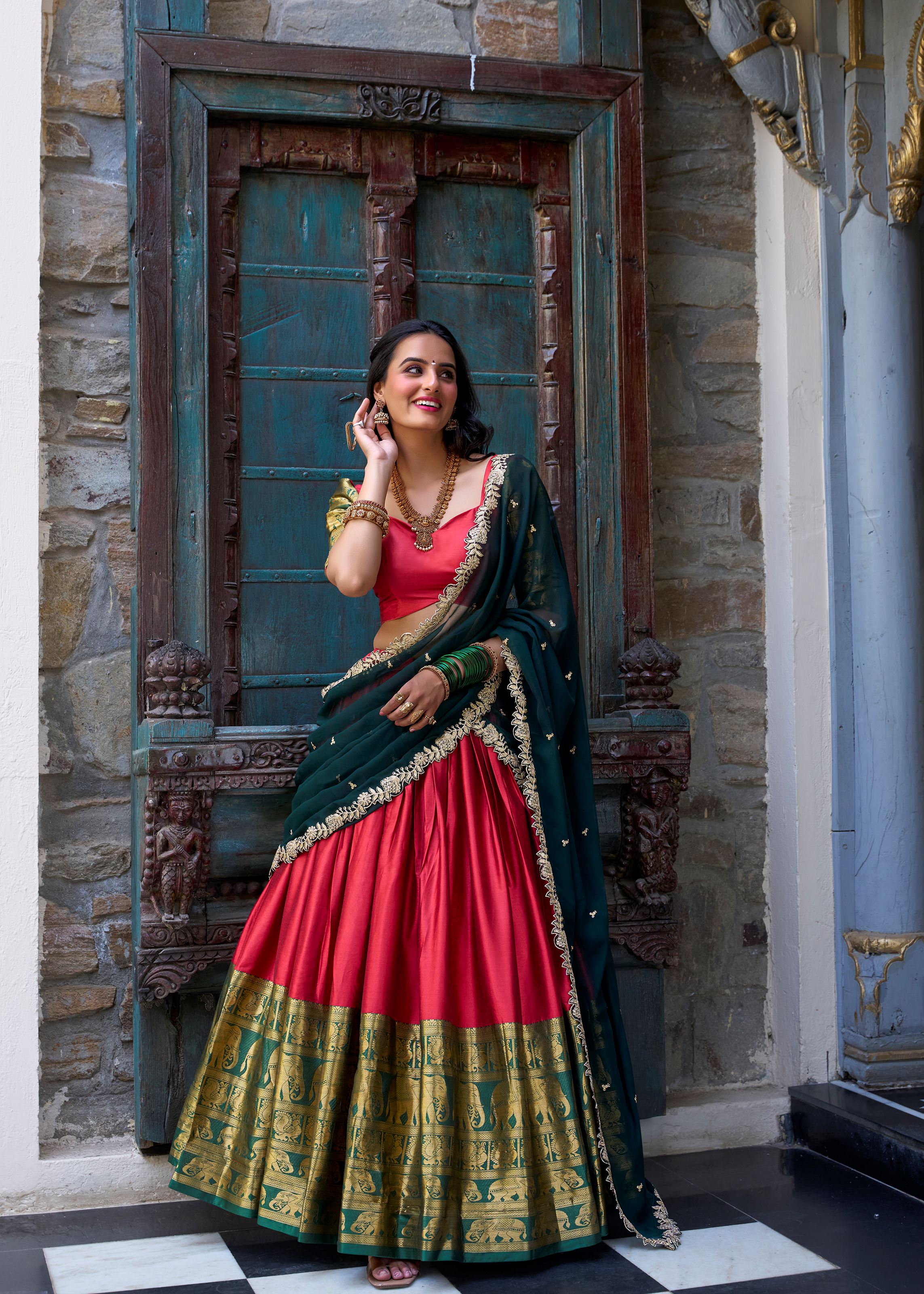 Red Radiance Narayan Pattu Lehenga Embellished With Exquisite Zari Weaves