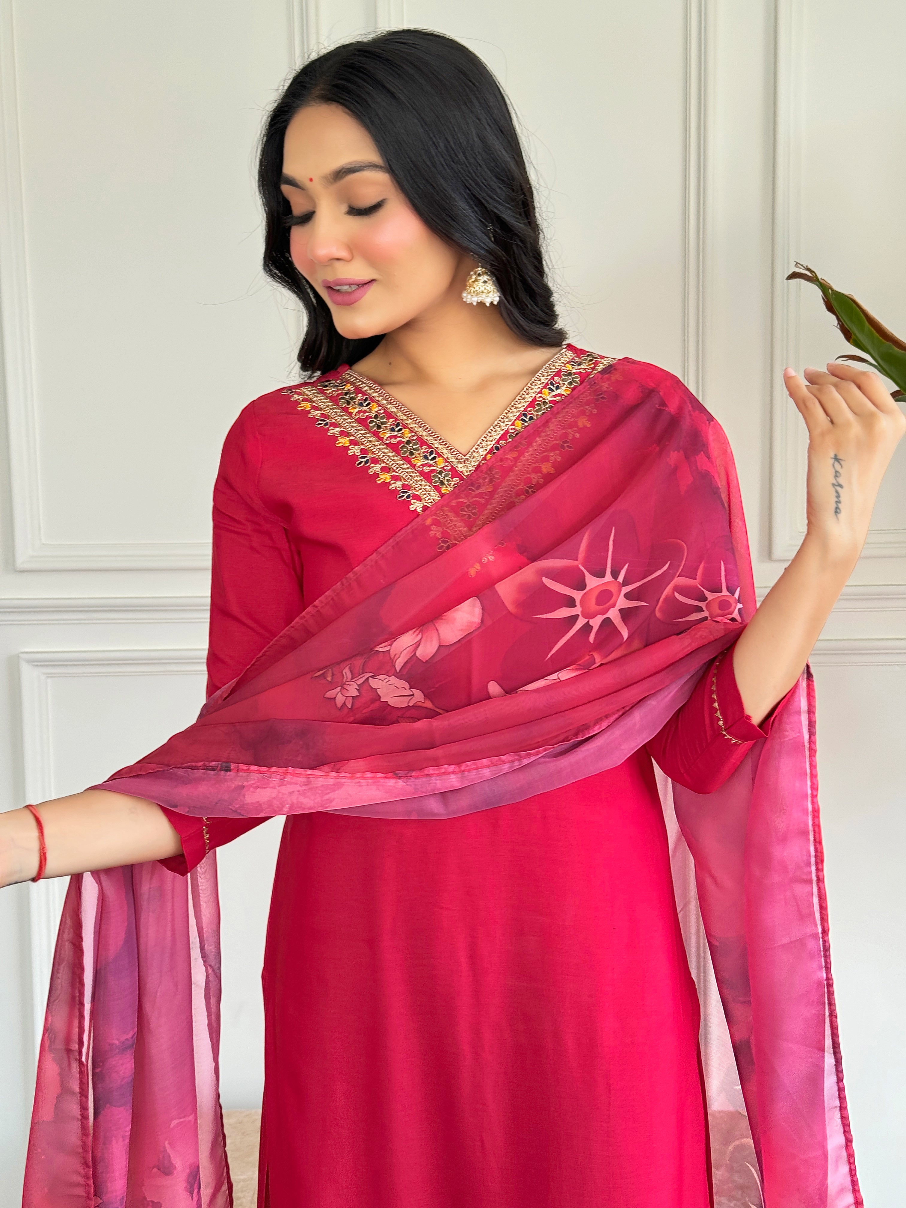 Red Rayon Elegant Kurta Pant Set With Embroidery Work