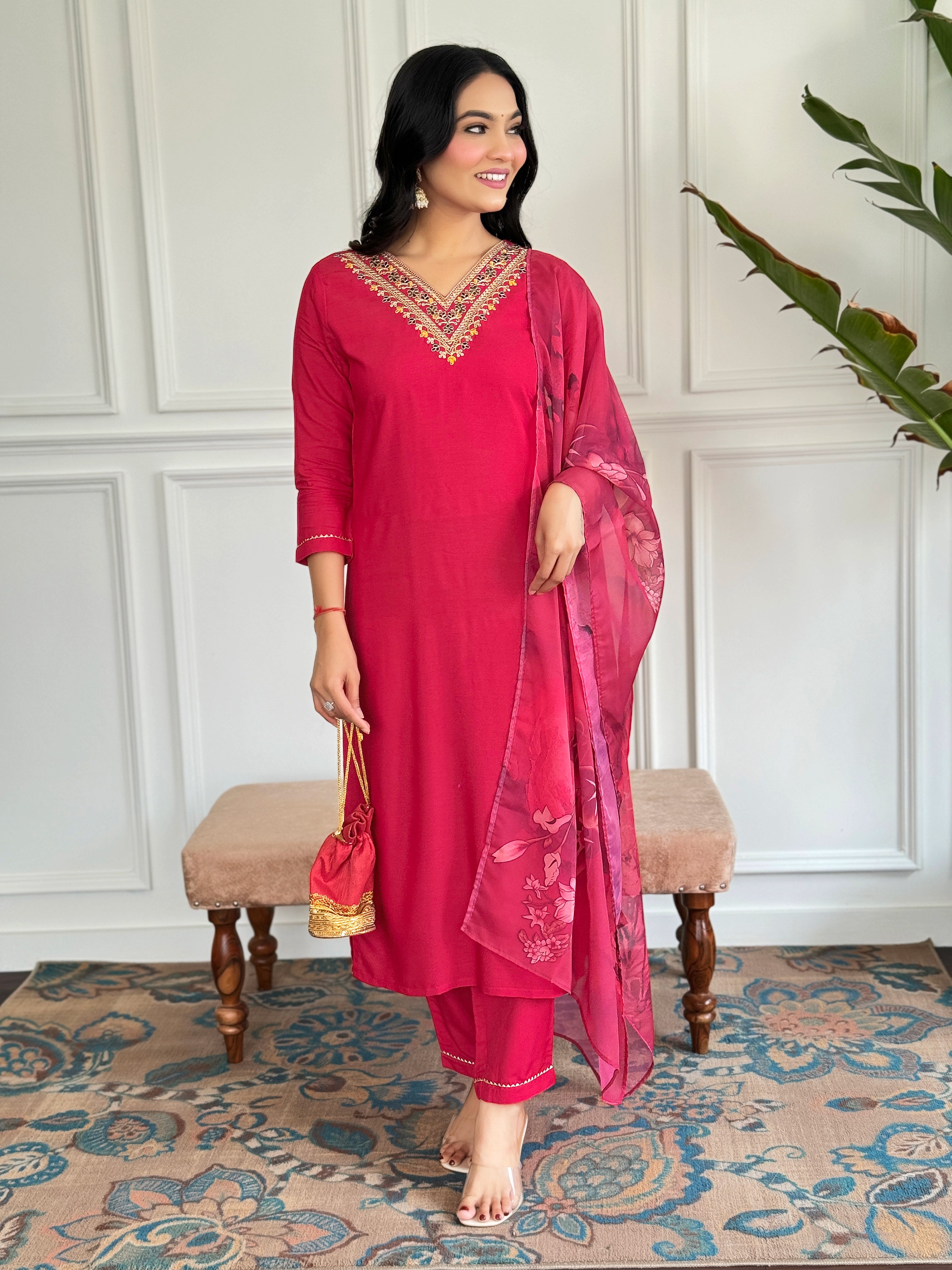 Red Rayon Elegant Kurta Pant Set With Embroidery Work