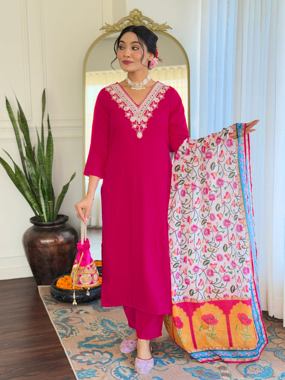 Red Rayon Elegant Kurta Pant Set With Thread Work