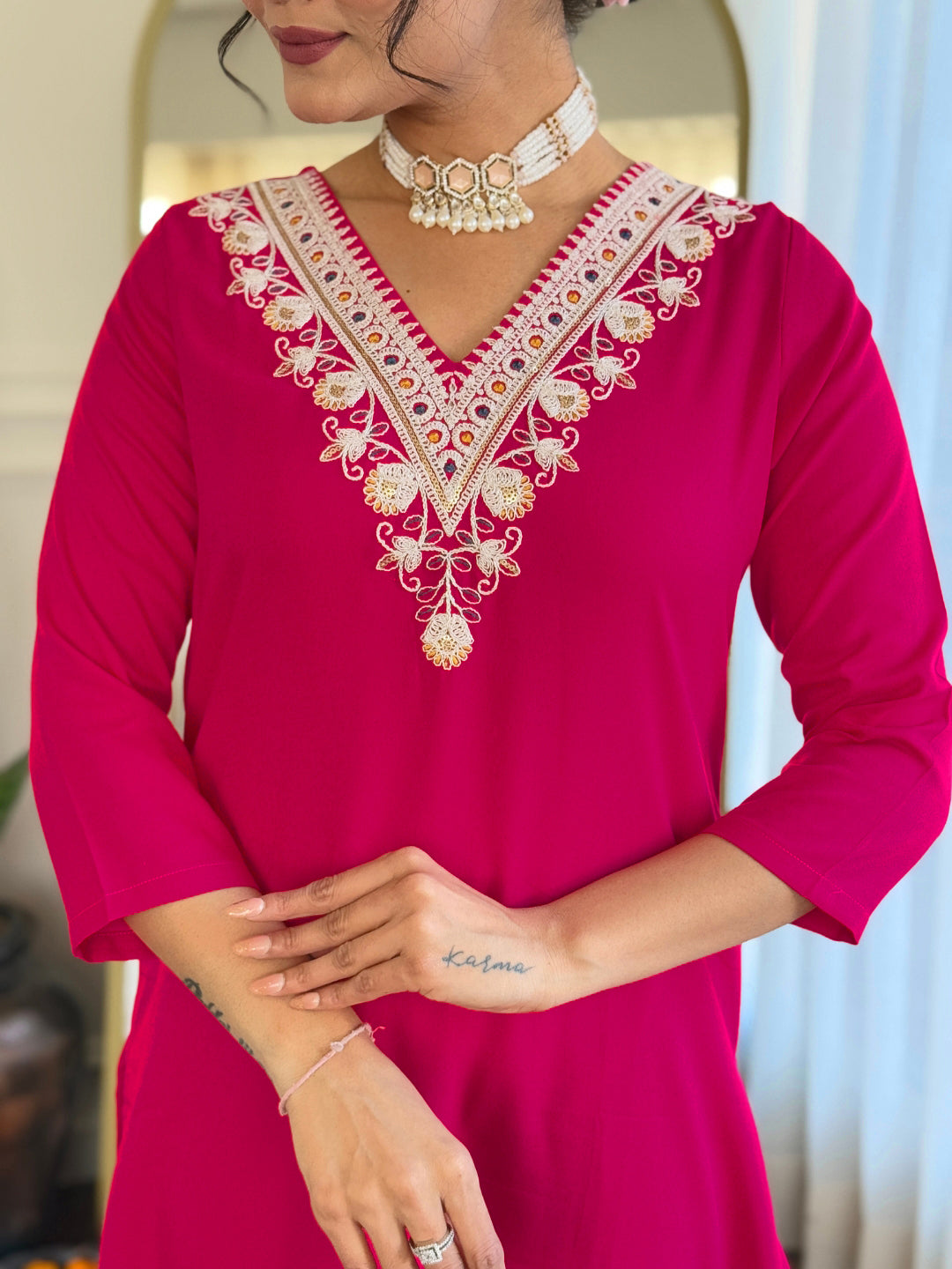 Red Rayon Elegant Kurta Pant Set With Thread Work