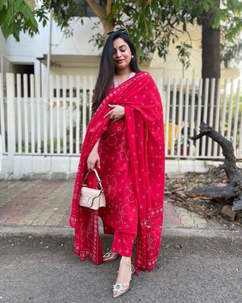 Red Rayon Kurta Pant Set Printed
