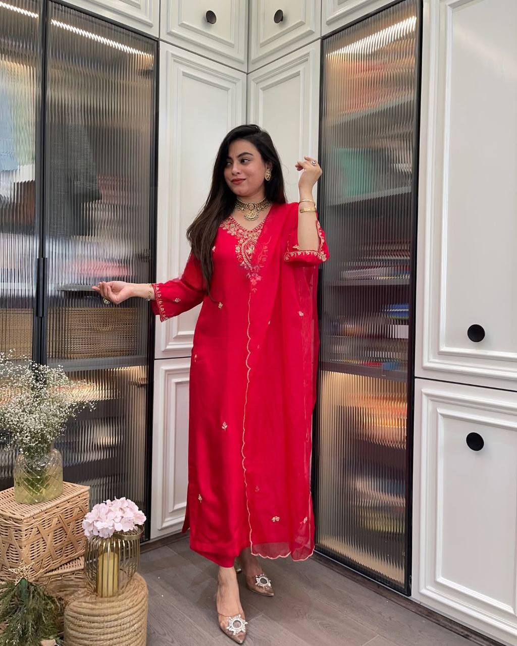 Red Rayon Kurta Pant with Heavy Thread Embroidery Work