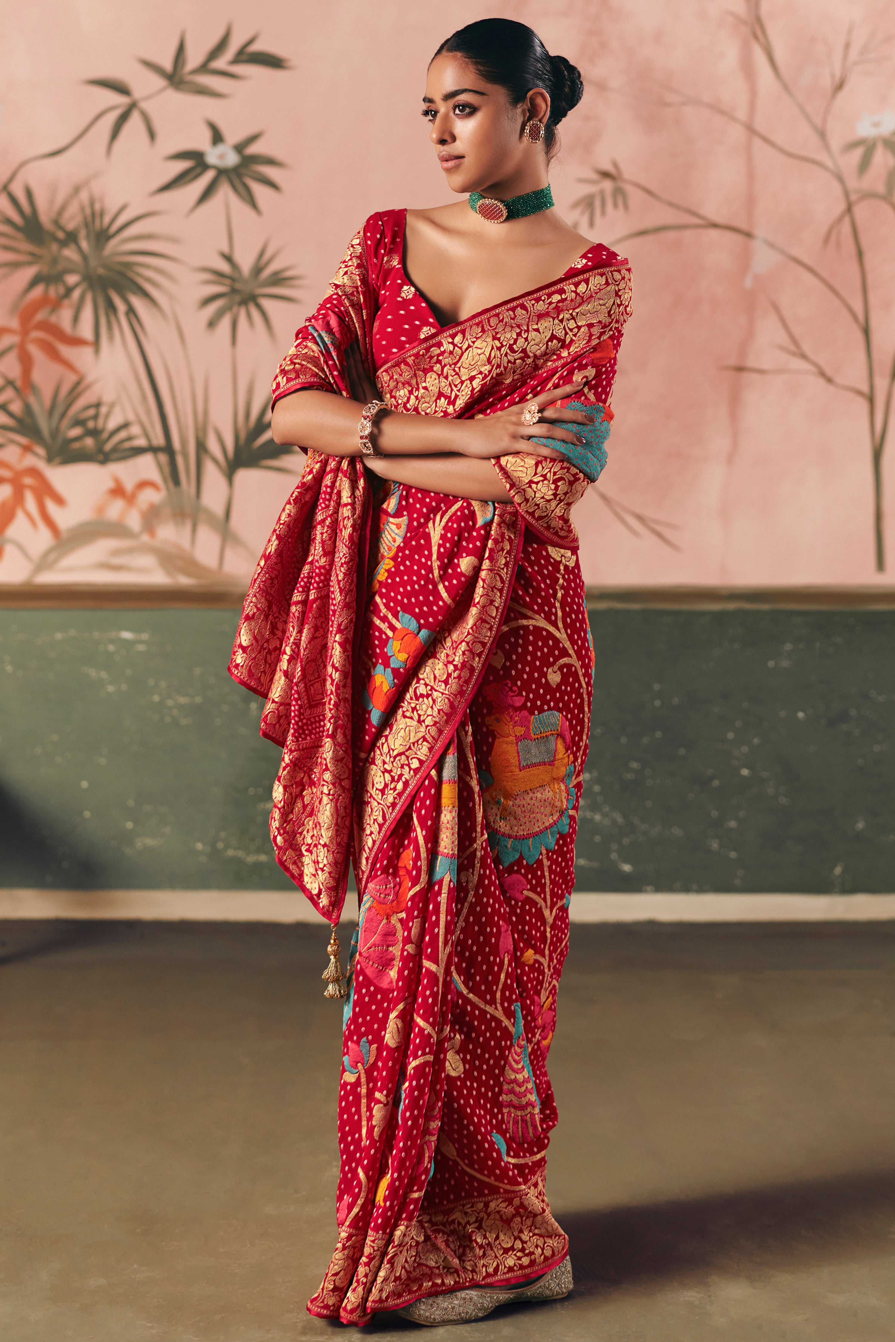 Red Saree With Designer Bandhej Weaving Work With Beutifull Tassles Attached